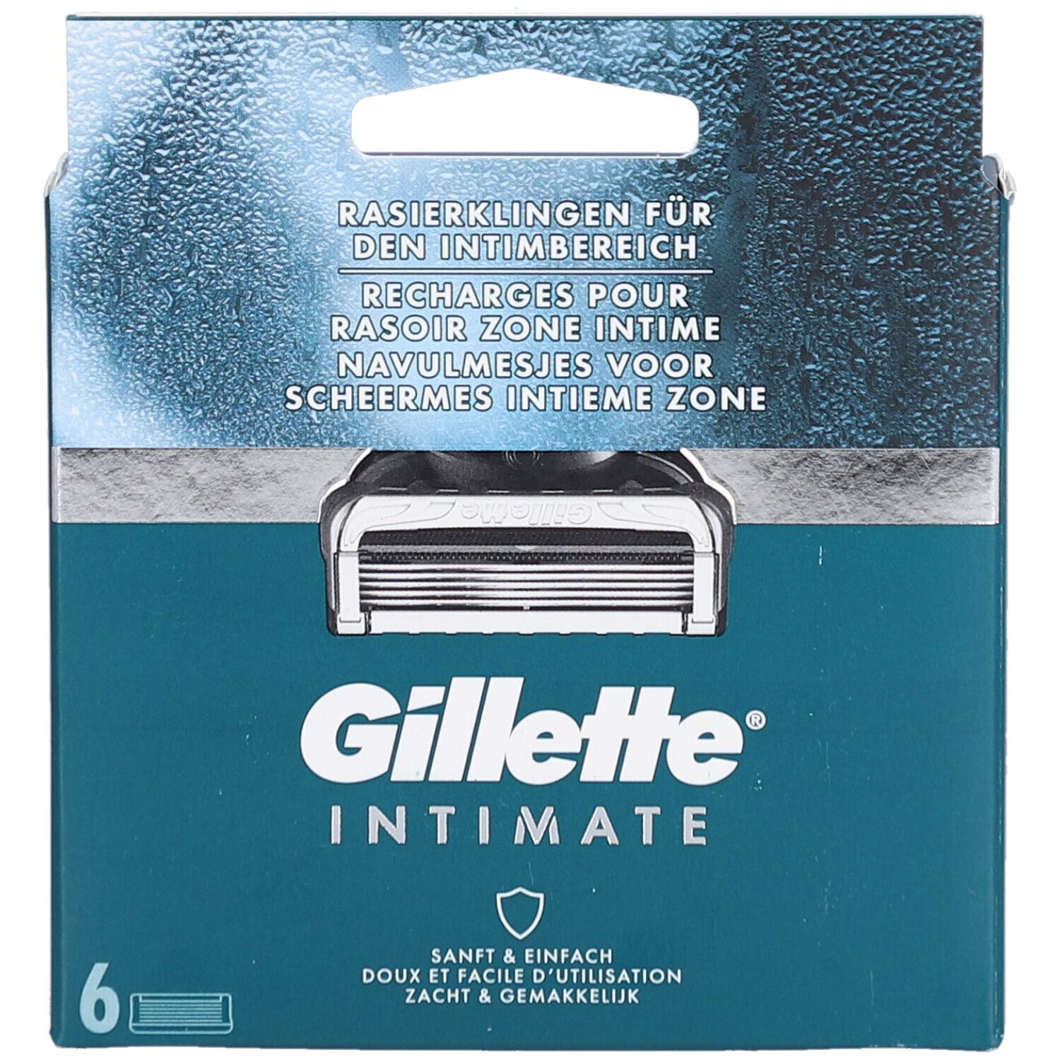 Packung mit 6 Rasierklingen. Text: Gillette Intimate. Sanft & einfach. Türkis-farbene Verpackung.