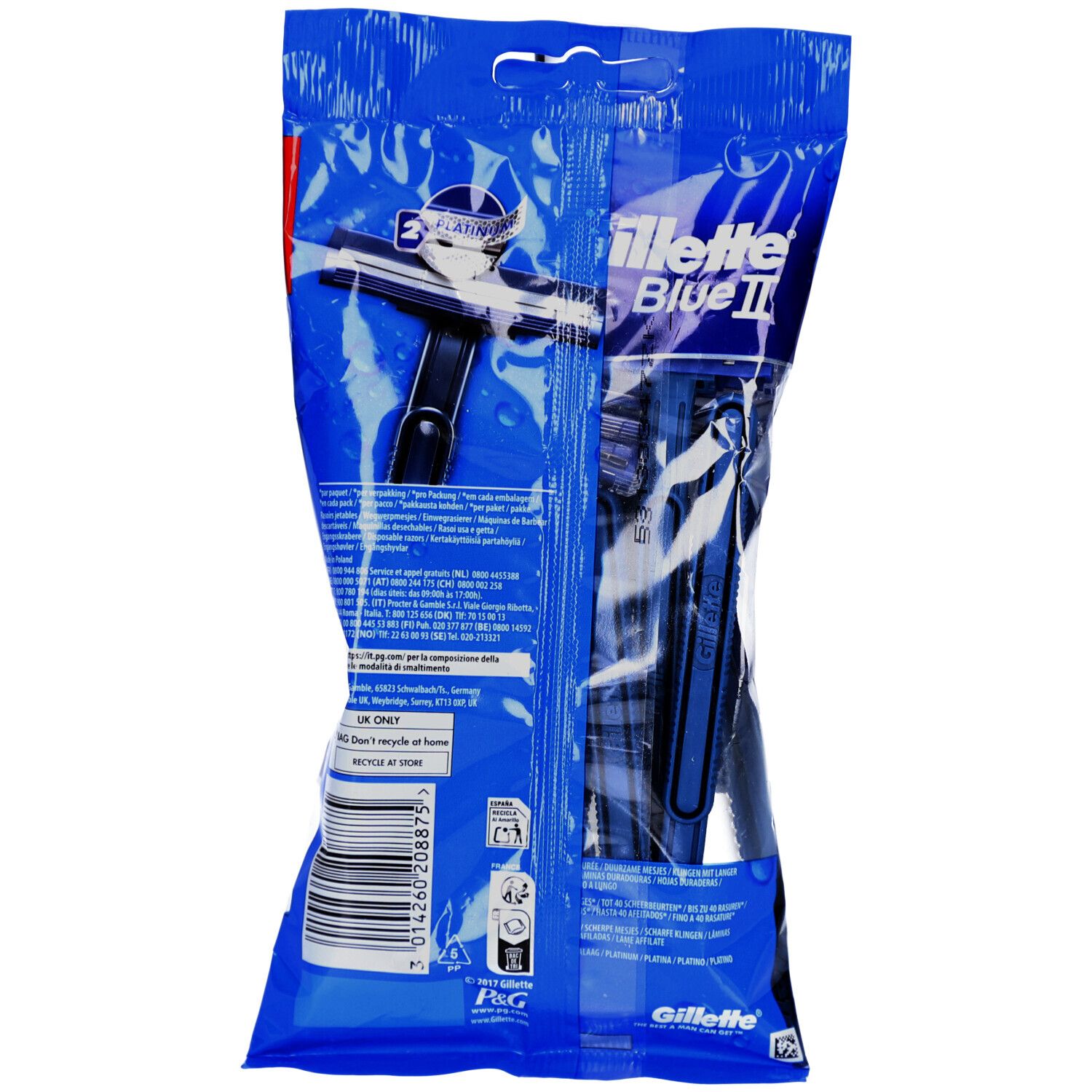 Rückseite der Gillette Blue II Einwegrasierer-Verpackung. Blaue Verpackung mit Produktabbildung und Text. Enthält 10 Stück.