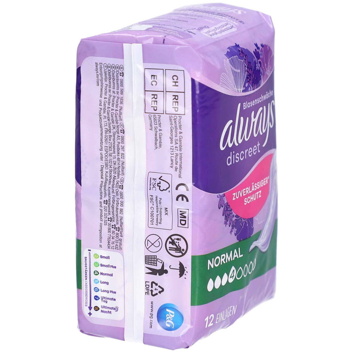 Dos du paquet Always Discreet. Informations et pictogrammes. Logo FSC. Marquage CE. Logo P&G. 12 serviettes. Normal.