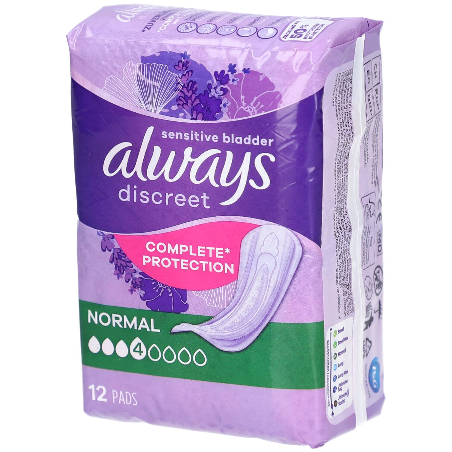 Paquet Always Discreet Normal. 12 serviettes. Emballage violet avec illustration du produit. Inscription: vessie sensible, protection complète.