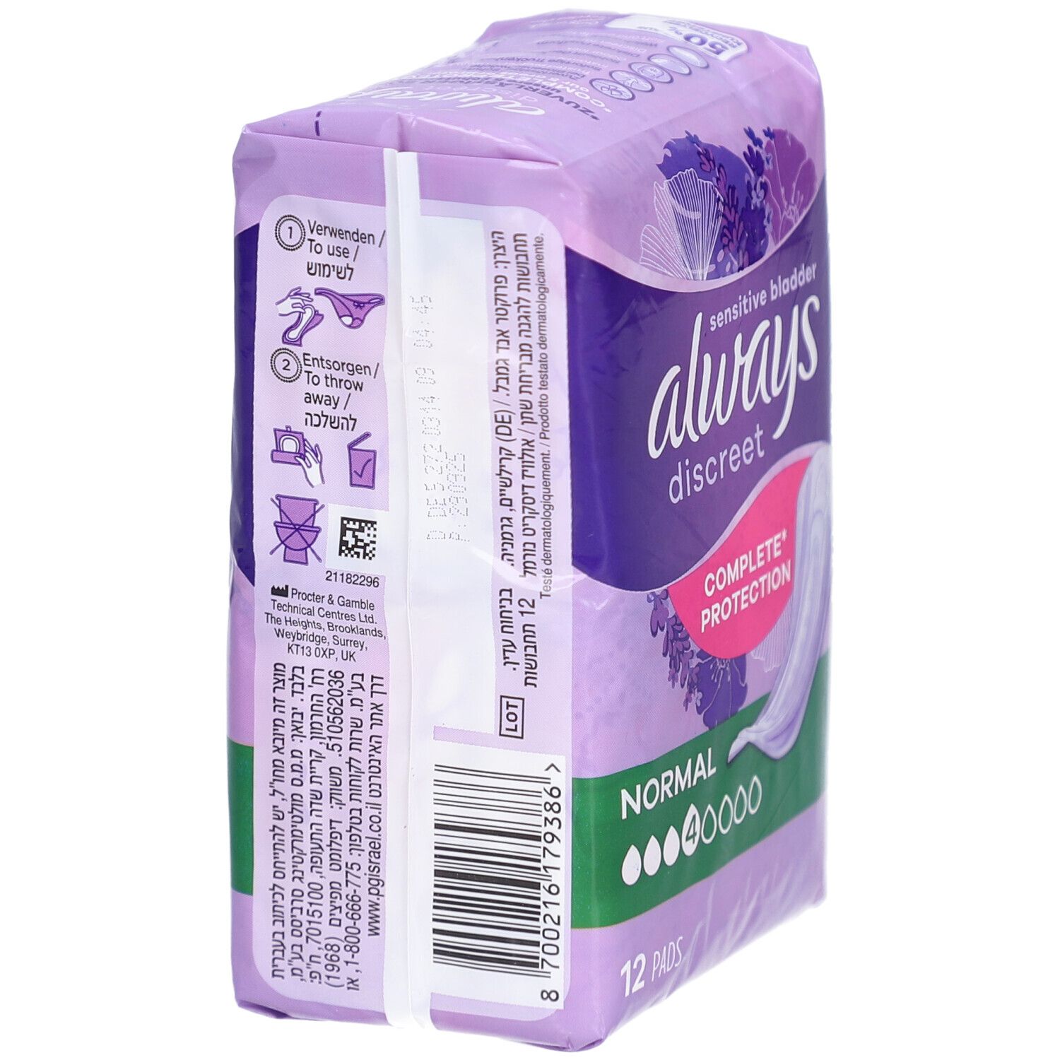 Dos du paquet Always Discreet. Informations et pictogrammes. 12 serviettes. Normal. Logo P&G. Instructions d'utilisation.