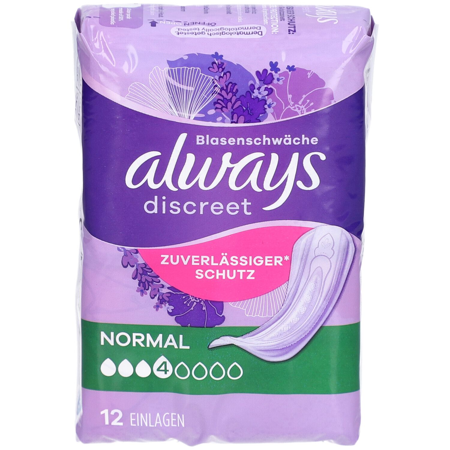 Paquet Always Discreet Normal. 12 serviettes. Emballage violet avec illustration du produit. Inscription: fuites urinaires, protection fiable.