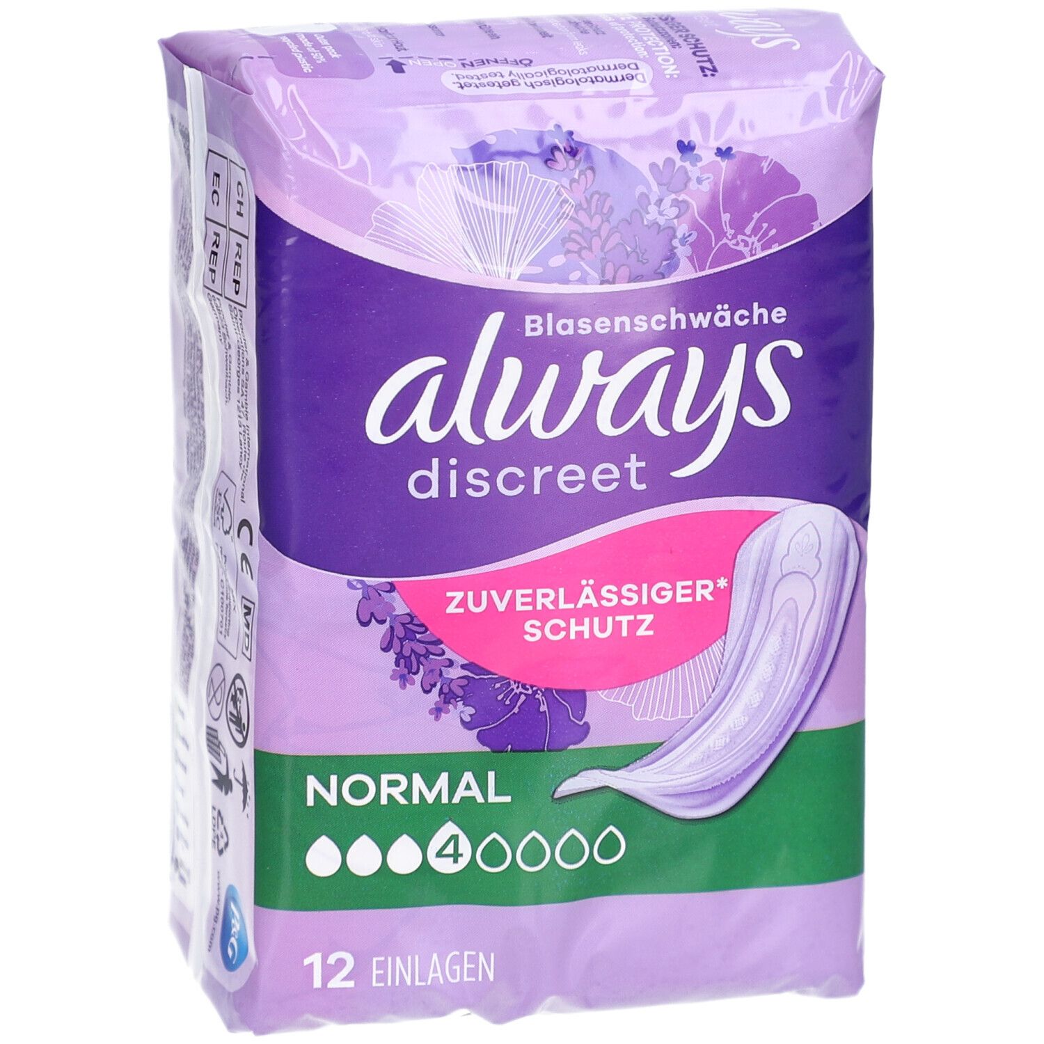 Paquet Always Discreet Normal. 12 serviettes. Emballage violet avec illustration du produit. Inscription: fuites urinaires, protection fiable.