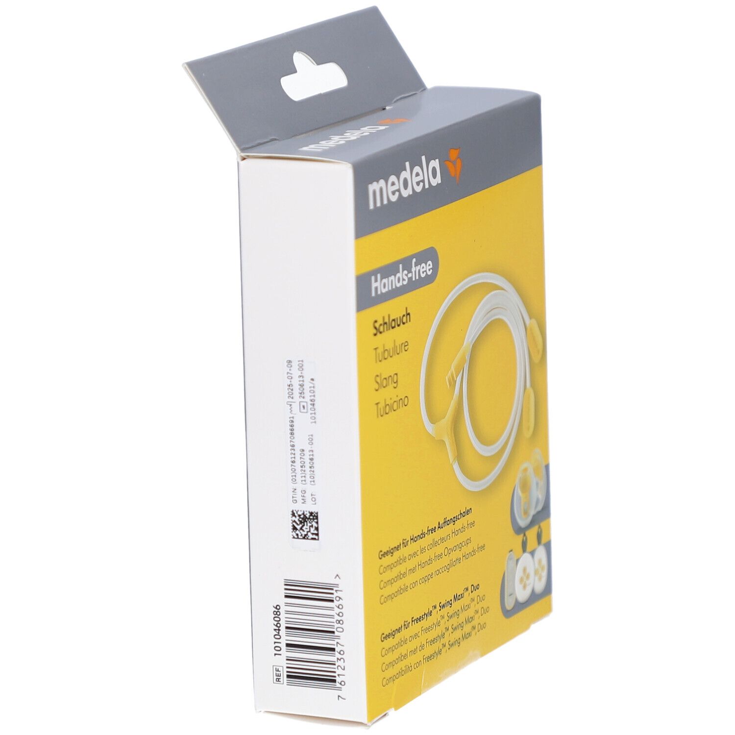 Verpackung, Seitenansicht. Aufdruck: Medela, Hands-free Schlauch. Barcode und Produktinformationen.