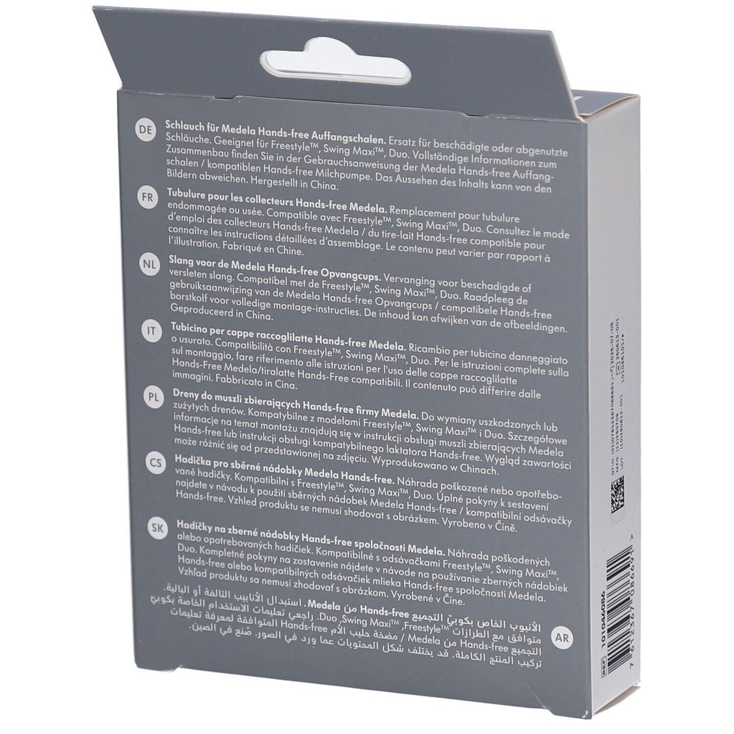Rückseite der Verpackung. Text in mehreren Sprachen. Produktinformationen und Herstellerangaben.
