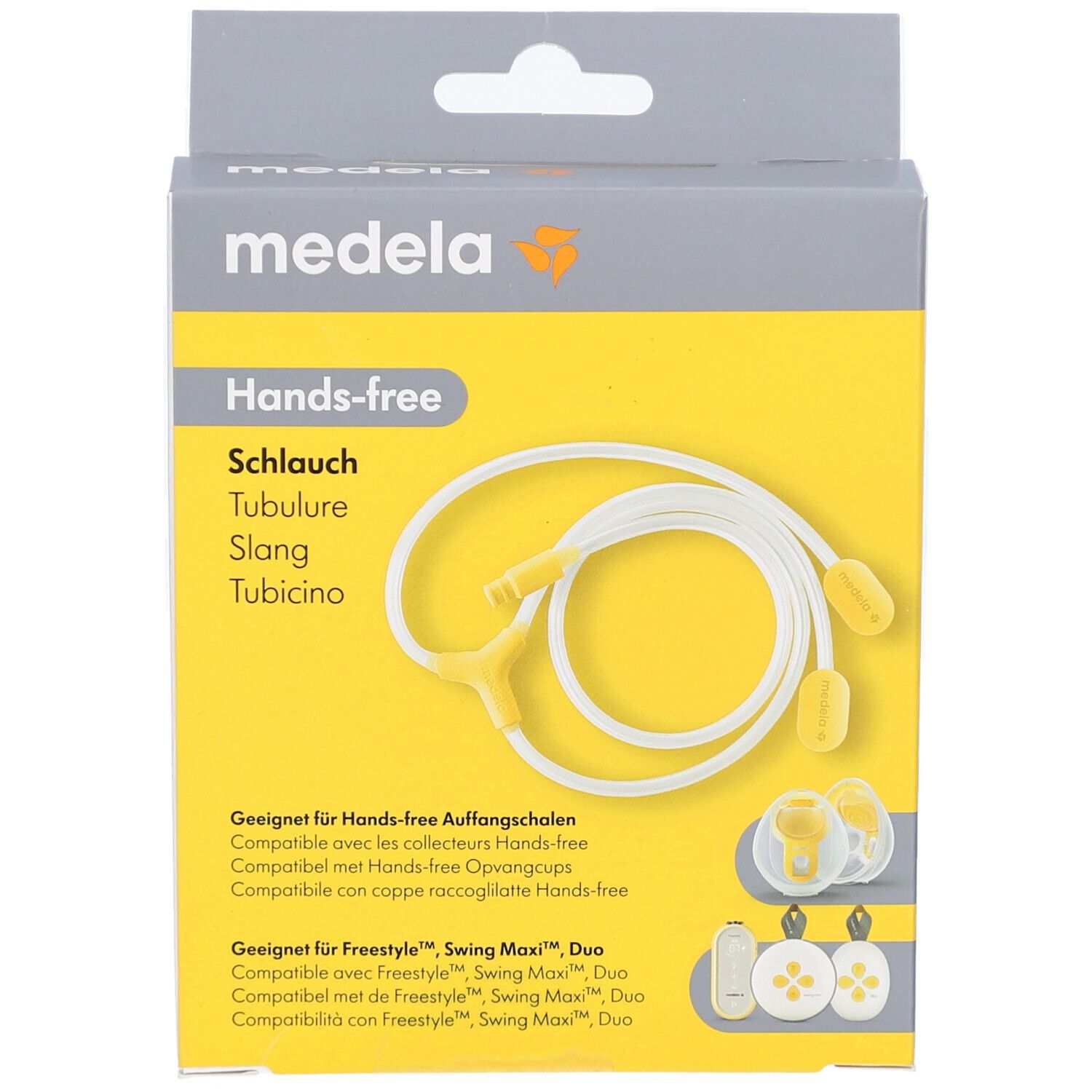 Verpackung mit Produkt. Aufdruck: Medela, Hands-free Schlauch. Gelber Hintergrund. Schlauch und Zubehör abgebildet.