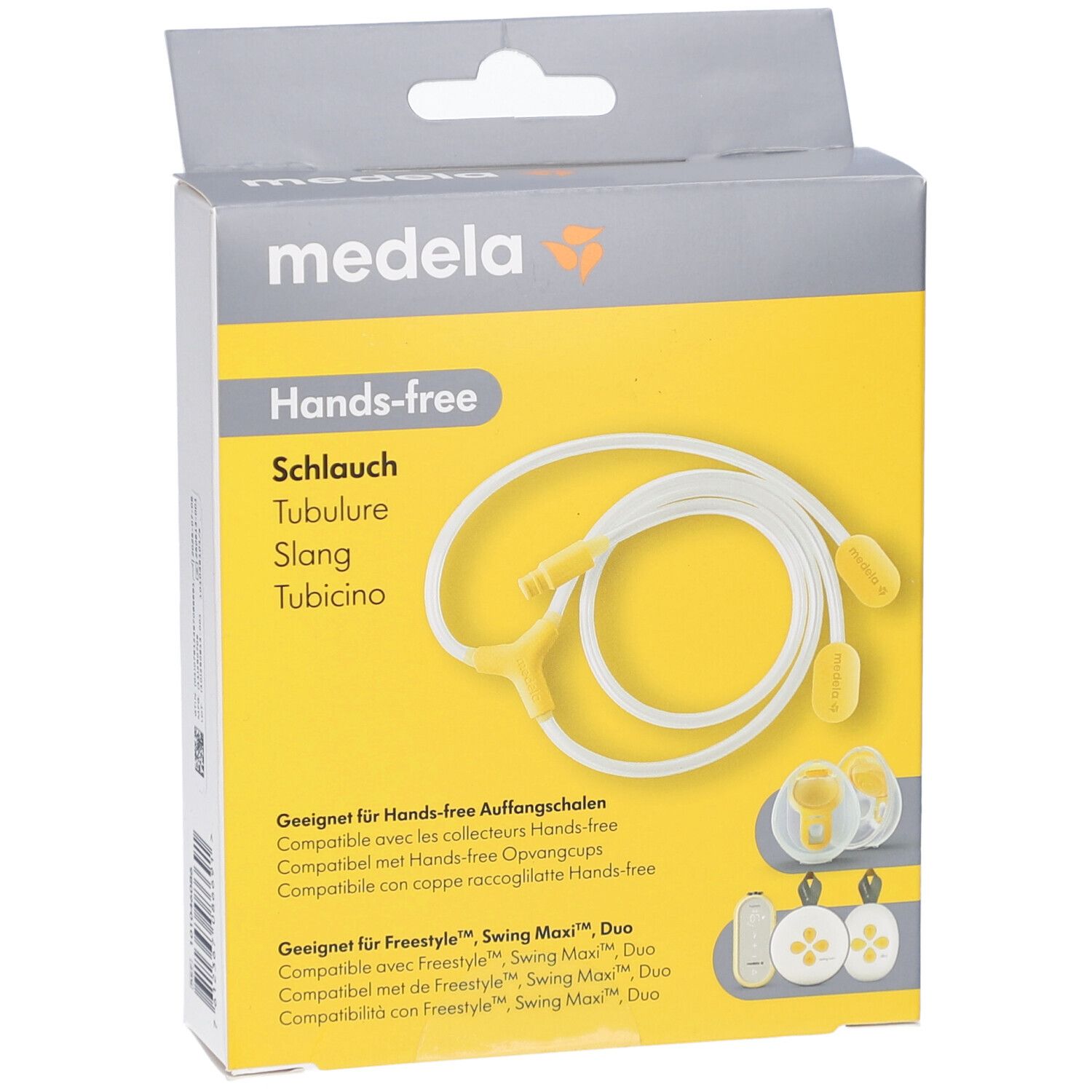 Verpackung mit Produkt. Aufdruck: Medela, Hands-free Schlauch. Gelber Hintergrund. Schlauch und Zubehör abgebildet.