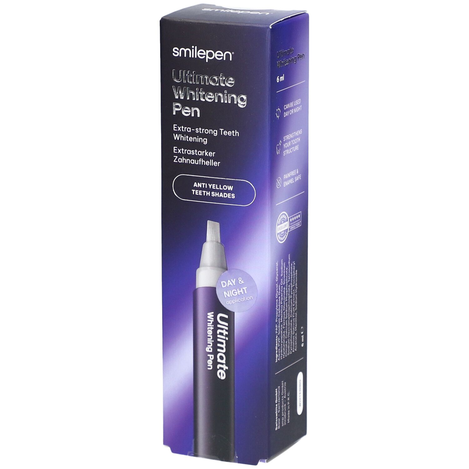 Schachtel mit SMILEPEN® Ultimate Whitening Pen. Enthält einen Stift und Produktinformationen. Aufschrift: Extra-starkes Zähne-Whitening.