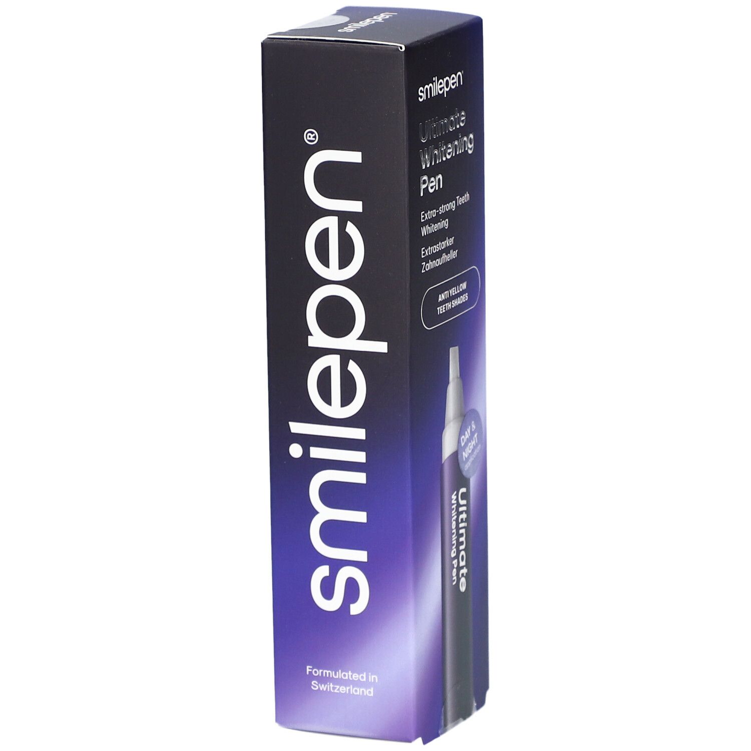 SMILEPEN® Ultimate Whitening Pen-Verpackung. Schwarze Schachtel mit Produktnamen und Logo. Aufschrift: Formuliert in der Schweiz.