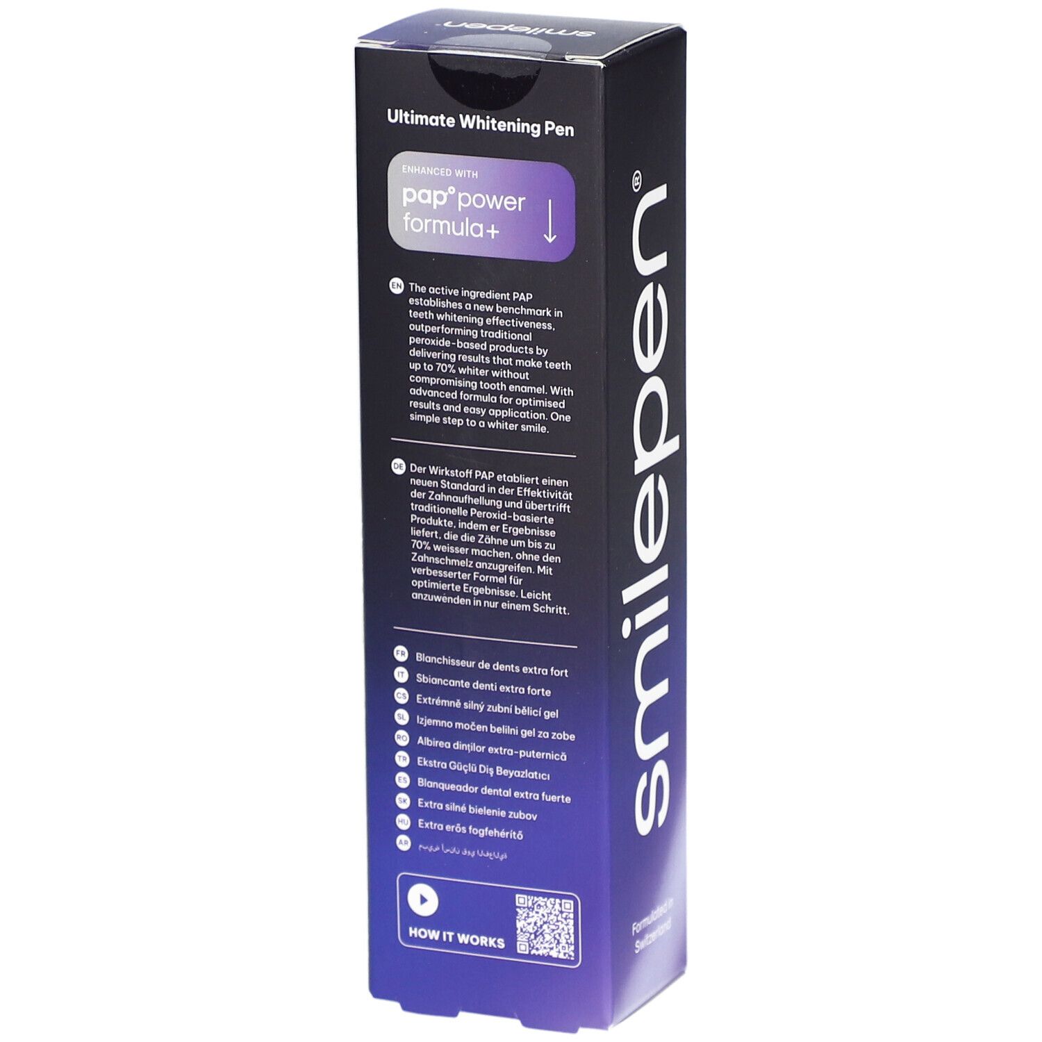 Rückseite der SMILEPEN® Ultimate Whitening Pen-Verpackung. Enthält Produktinformationen und QR-Code. Aufschrift: PAP-Power Formula+.