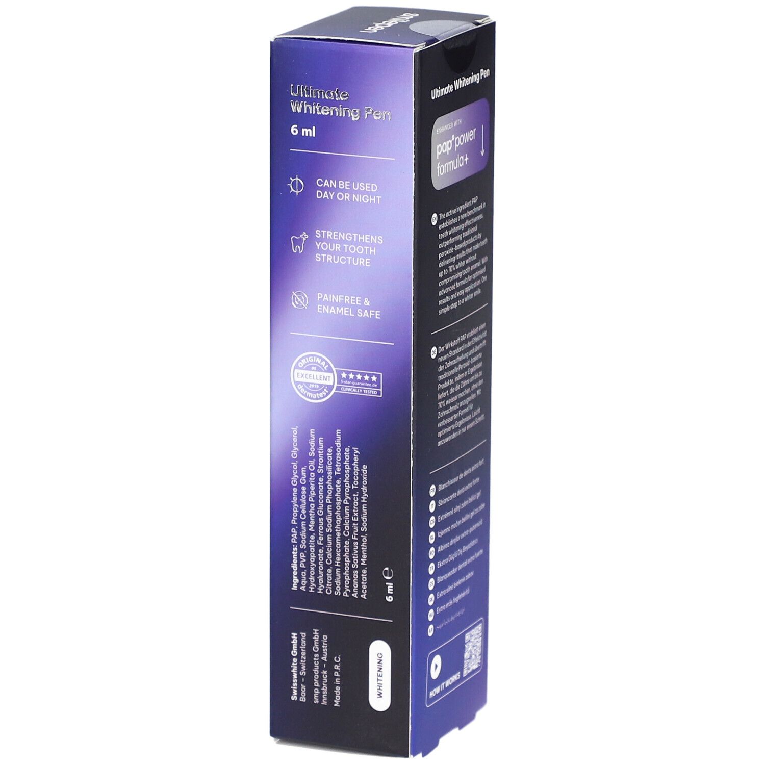 SMILEPEN® Ultimate Whitening Pen-Verpackung. Enthält Produktinformationen und Inhaltsstoffe. Aufschrift: Kann Tag und Nacht verwendet werden.