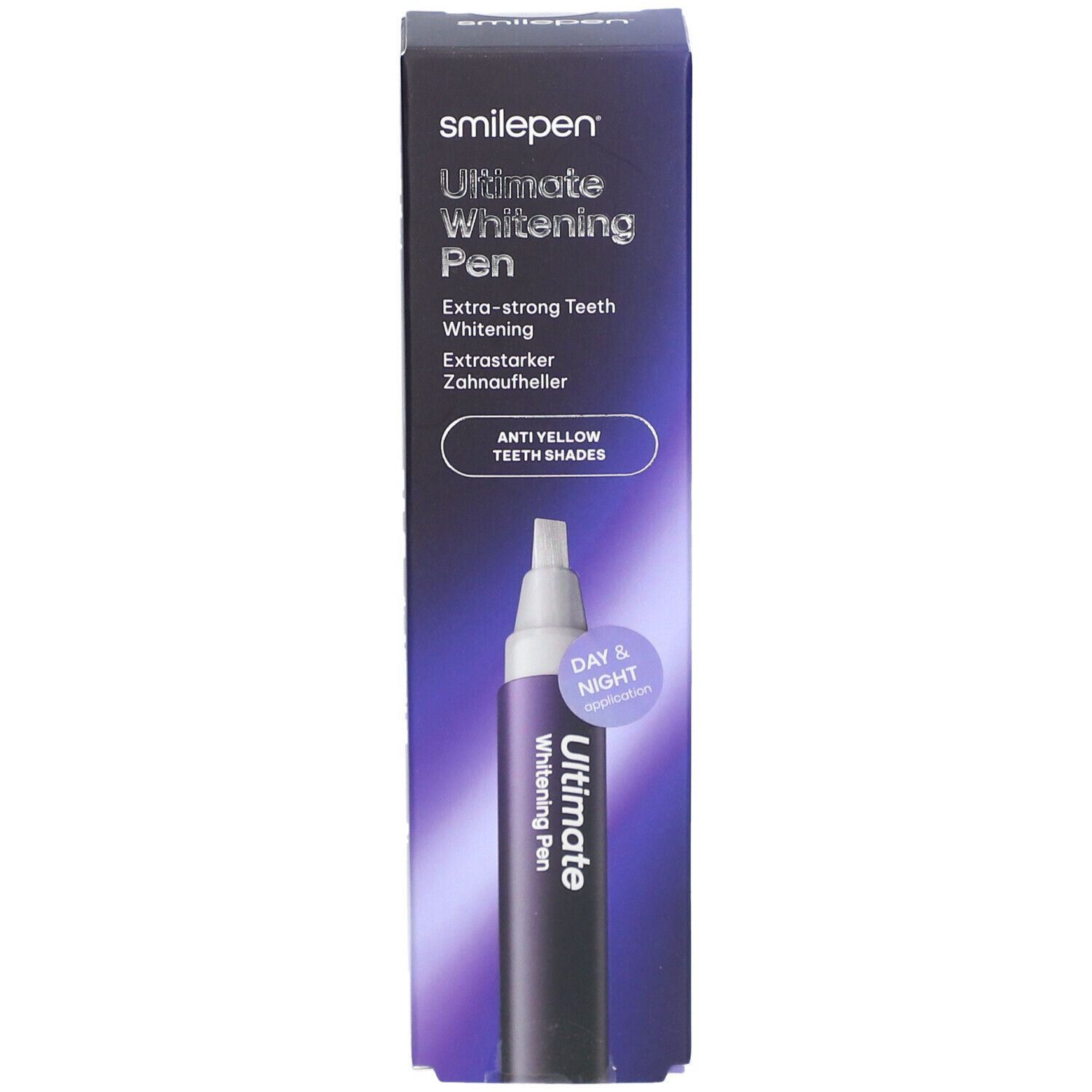 SMILEPEN® Ultimate Whitening Pen-Verpackung. Enthält einen Stift und Produktinformationen. Aufschrift: Extra-starkes Zähne-Whitening.