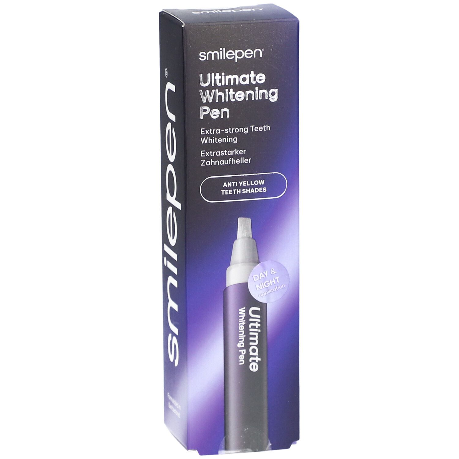 SMILEPEN® Ultimate Whitening Pen-Verpackung. Enthält einen Stift und Produktinformationen. Aufschrift: Extra-starkes Zähne-Whitening.