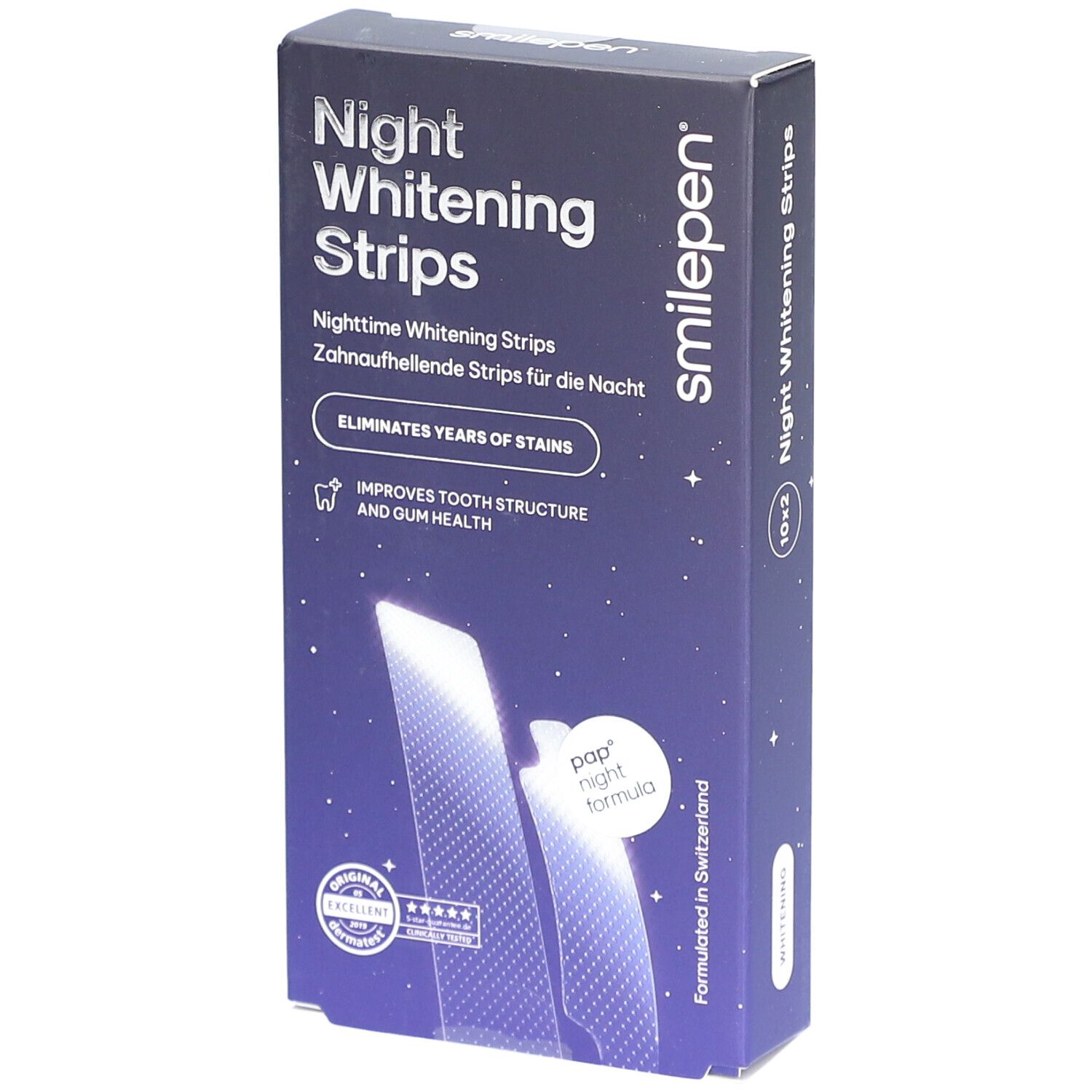 Schachtel mit "Night Whitening Strips". Marke: smilepen. Blaue Verpackung mit Produktinformationen und Zertifizierungen.