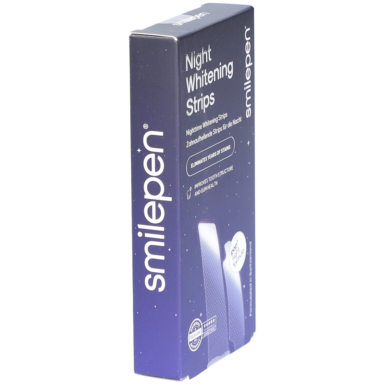 Schachtel "Night Whitening Strips" von smilepen. Blaue Verpackung mit Produktnamen und Logo. Seitenansicht.