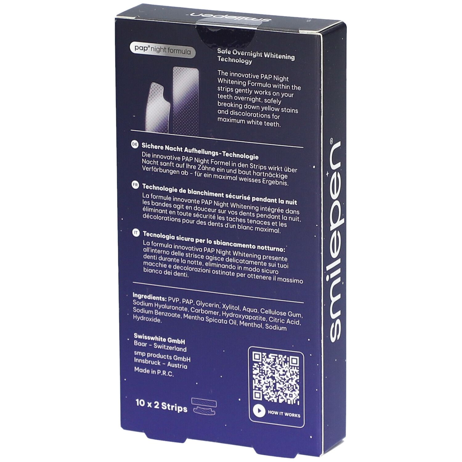 Rückseite der Schachtel "Night Whitening Strips". Enthält Produktinformationen, Inhaltsstoffe und Herstellerangaben.