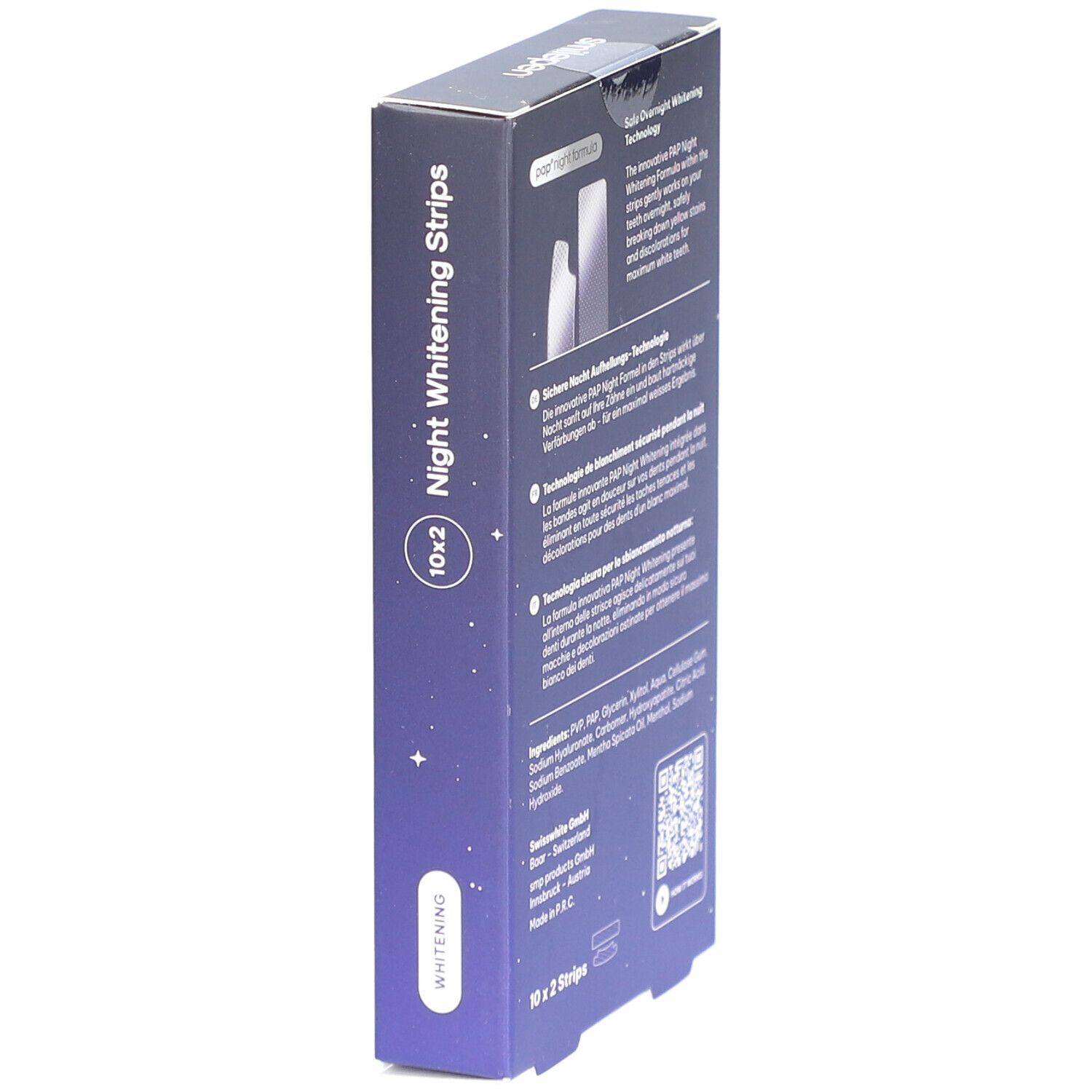 Seitenansicht der Schachtel "Night Whitening Strips". Enthält Produktnamen, Logo und Informationen zur Anwendung.