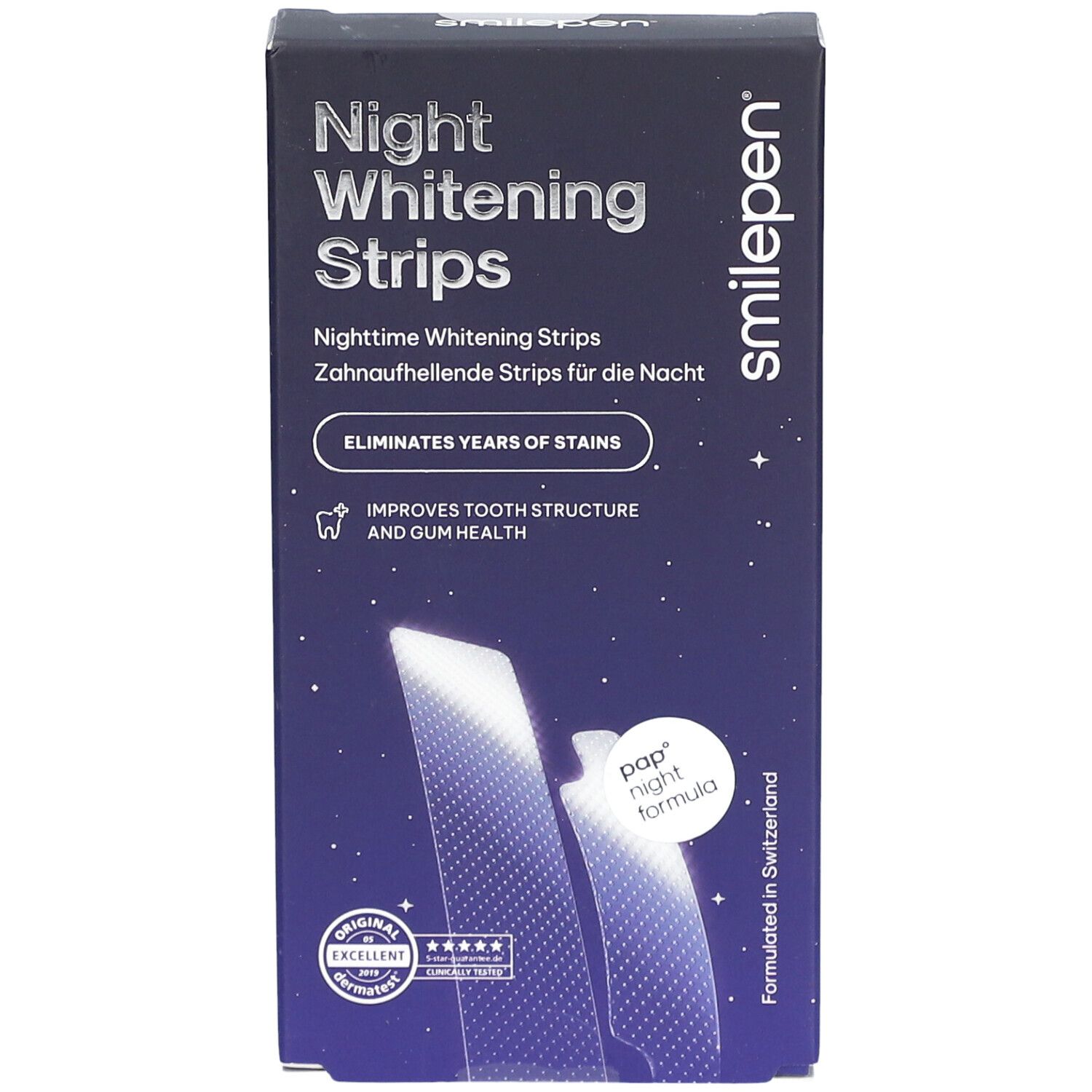 Schachtel "Night Whitening Strips". Marke: smilepen. Blaue Verpackung mit Produktnamen und Logo. Frontansicht.