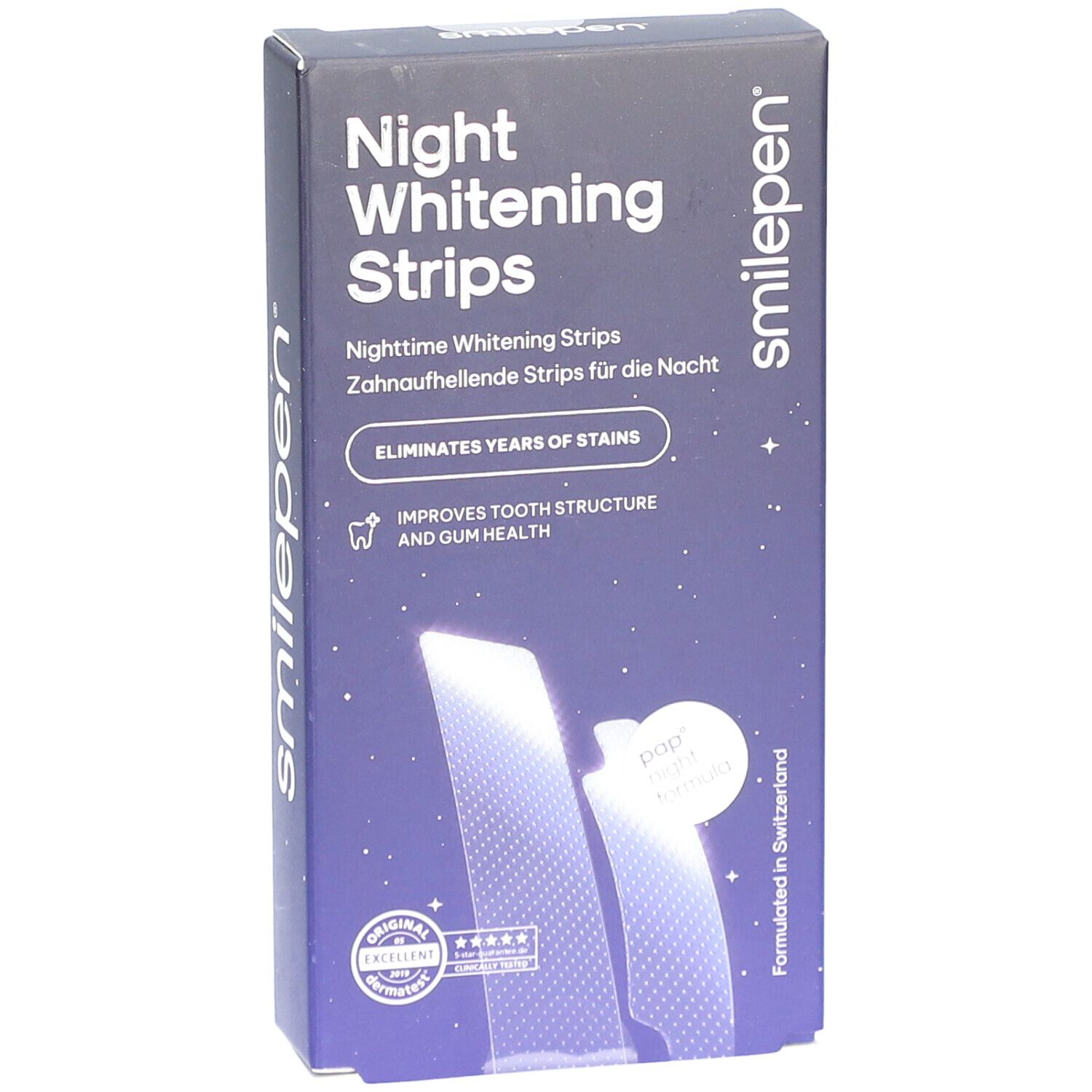 Schachtel "Night Whitening Strips" von smilepen. Blaue Verpackung mit Produktnamen und Logo. Frontansicht.
