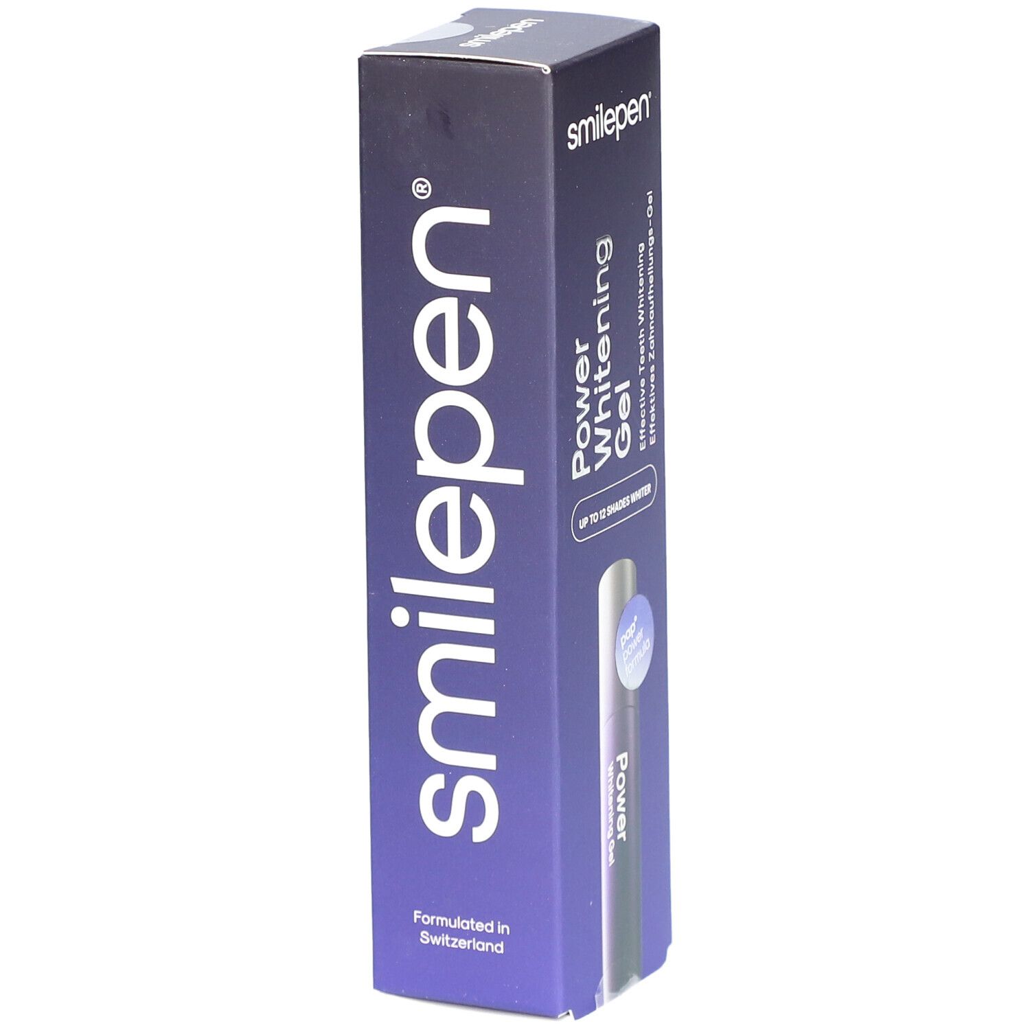 Schachtel mit "Power Whitening Gel". Aufschrift: "Smilepen". Enthält eine Tube. Hergestellt in der Schweiz.