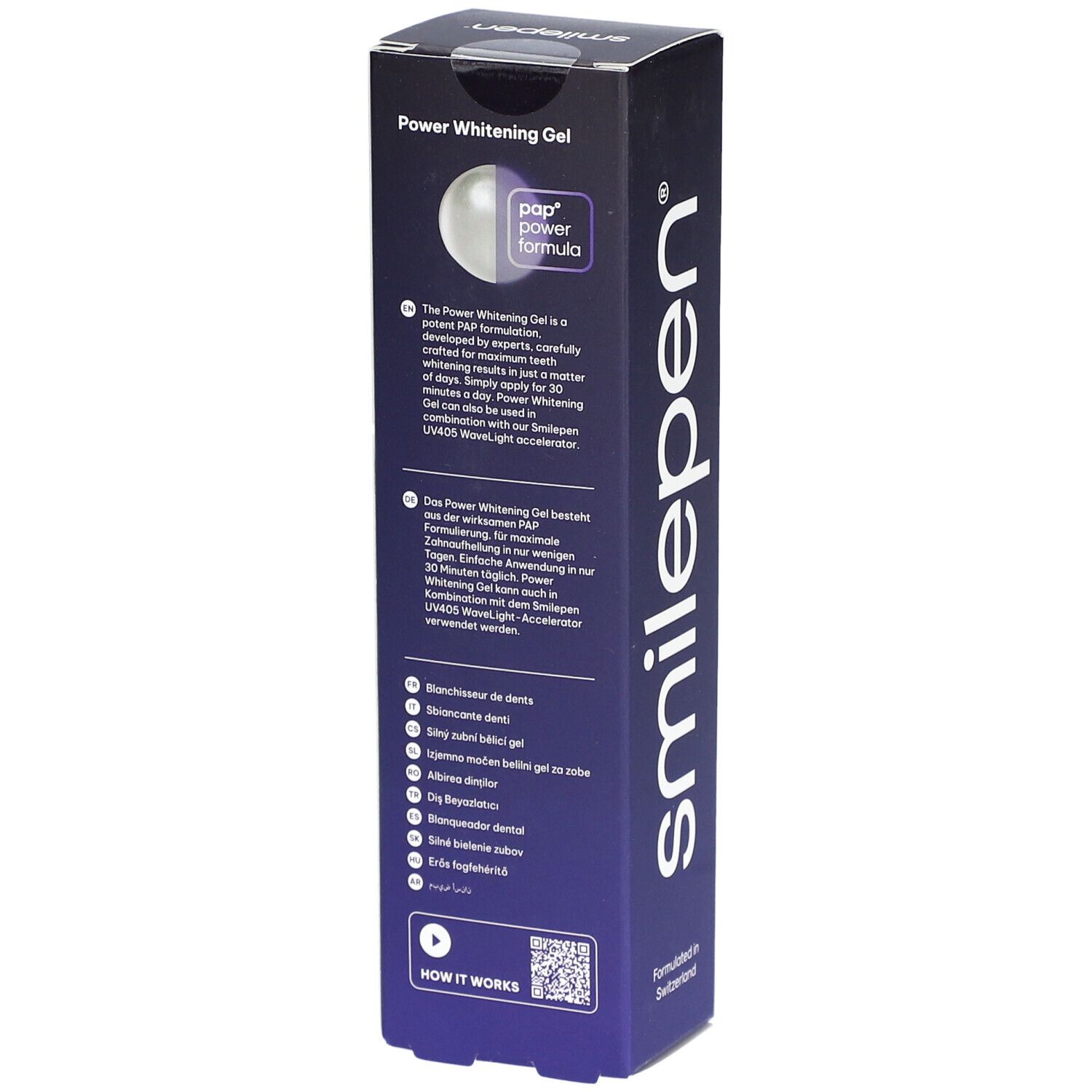 Schachtel mit "Power Whitening Gel". Aufschrift: "Smilepen". Text über die Inhaltsstoffe und Anwendung.
