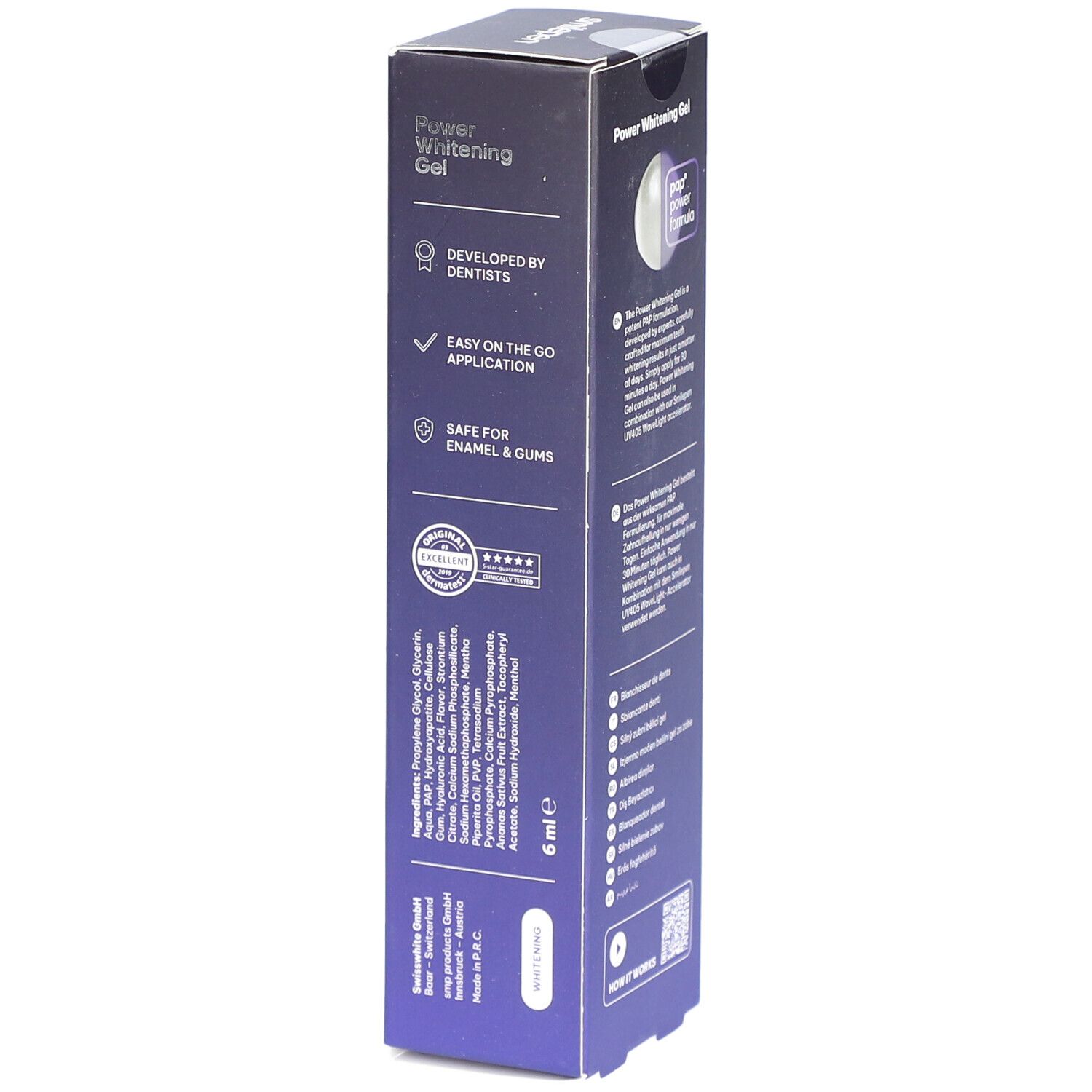 Schachtel mit "Power Whitening Gel". Aufschrift: "Smilepen". Enthält Informationen über die Anwendung und Inhaltsstoffe.