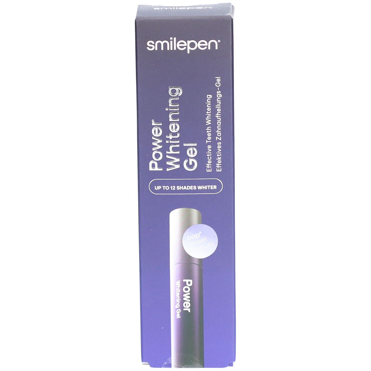 Schachtel mit "Power Whitening Gel". Aufschrift: "Smilepen", "Effektives Zahnaufhellungs-Gel". Enthält eine Tube.