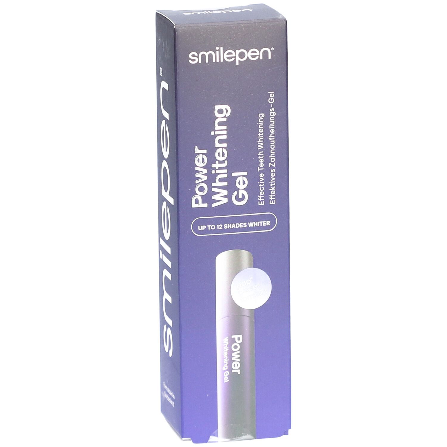 Schachtel mit "Power Whitening Gel". Aufschrift: "Smilepen", "Effektives Zahnaufhellungs-Gel". Enthält eine Tube.