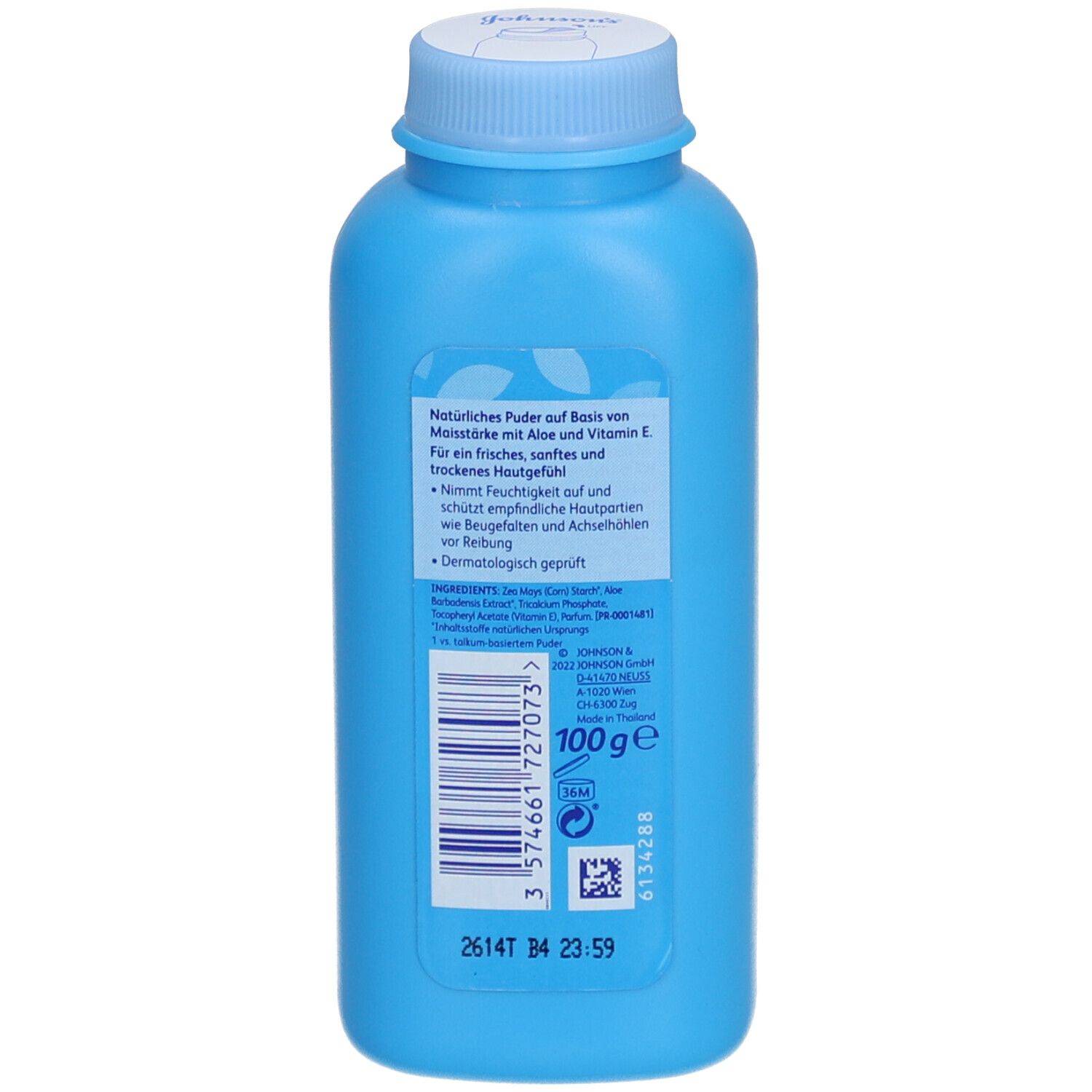 Rückseite einer hellblauen Penaten Puder Flasche. Text mit Produktinformationen. Barcode und 100g Gewichtangabe.