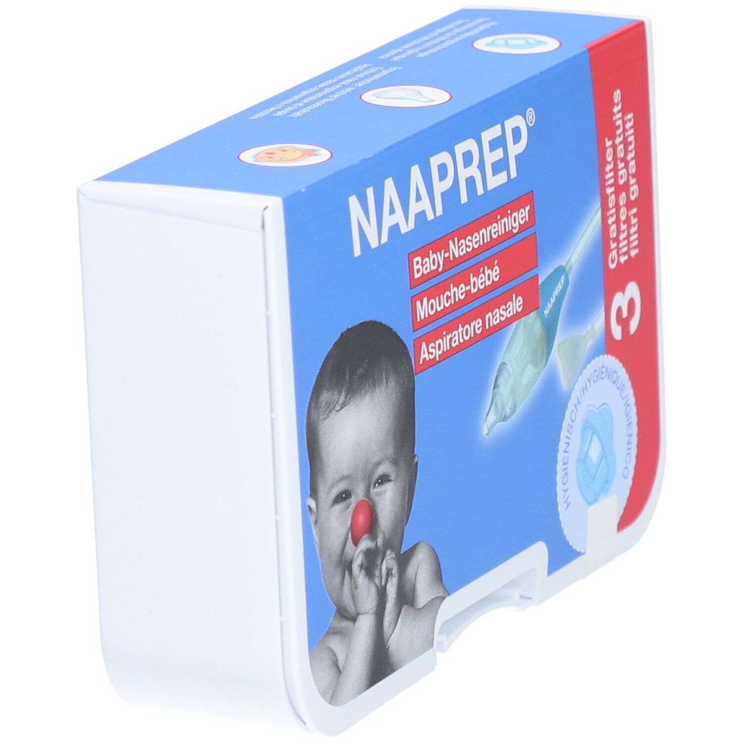 Schrägansicht der Verpackung des Baby-Nasenreinigers NAAPREP. Aufdruck: Baby-Nasenreiniger, 3 Filter gratis.
