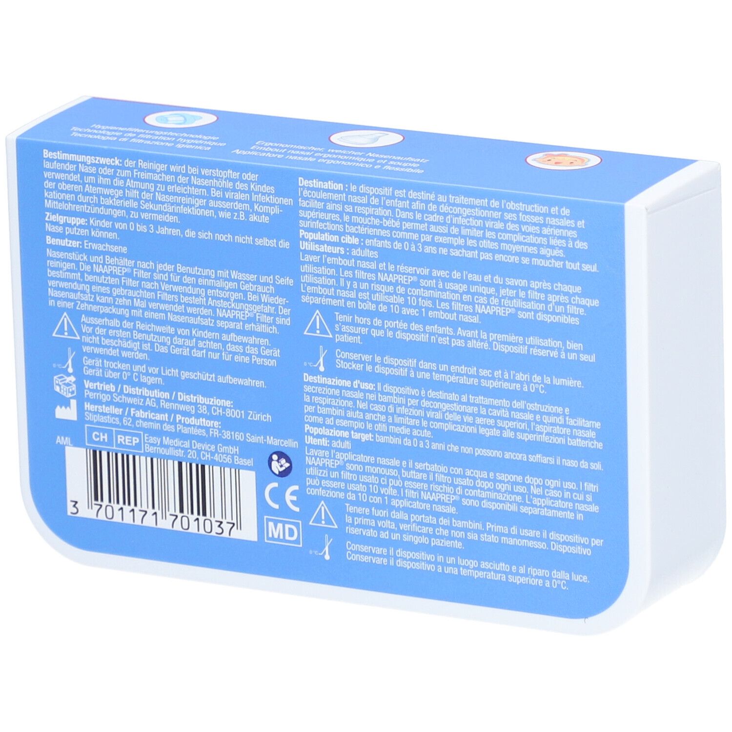 Rückseite der Verpackung des Baby-Nasenreinigers NAAPREP. Text in Deutsch, Französisch und Italienisch. CE-Kennzeichnung.