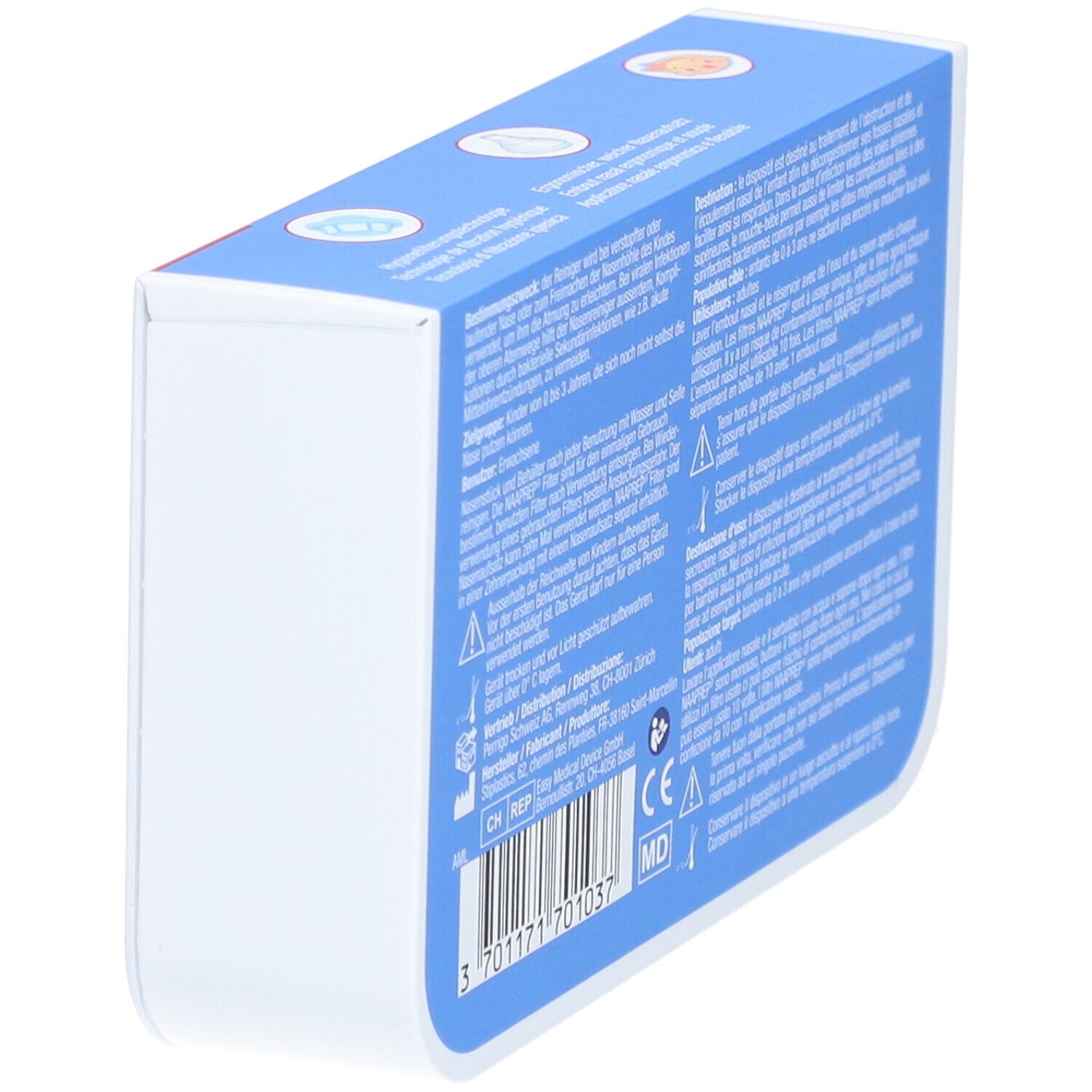 Schrägansicht der Rückseite der Verpackung des Baby-Nasenreinigers NAAPREP. Text in mehreren Sprachen. CE-Kennzeichnung.