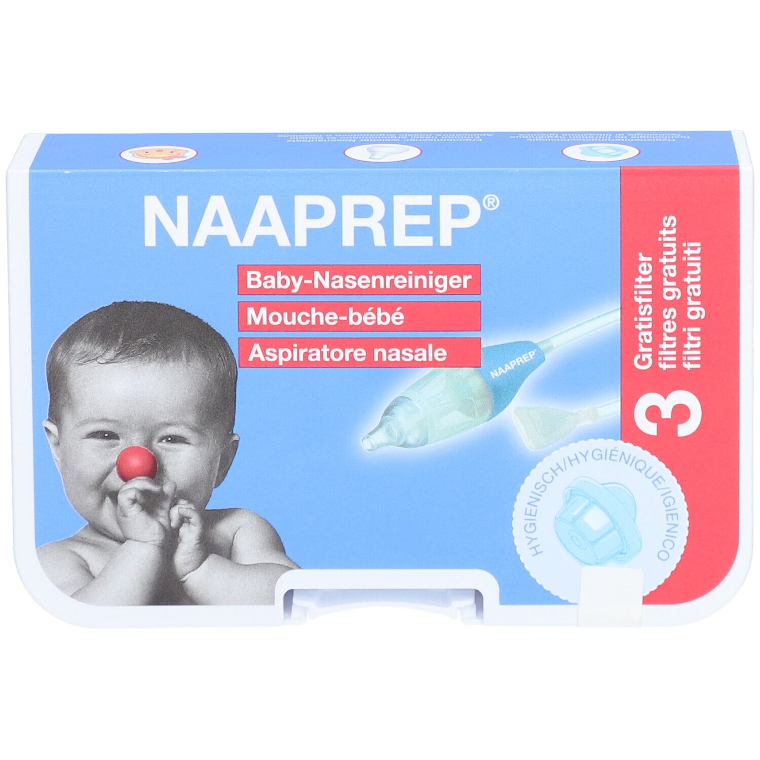 Verpackung des Baby-Nasenreinigers NAAPREP. Abbildung eines Babys mit roter Nase. Enthält 3 Filter.