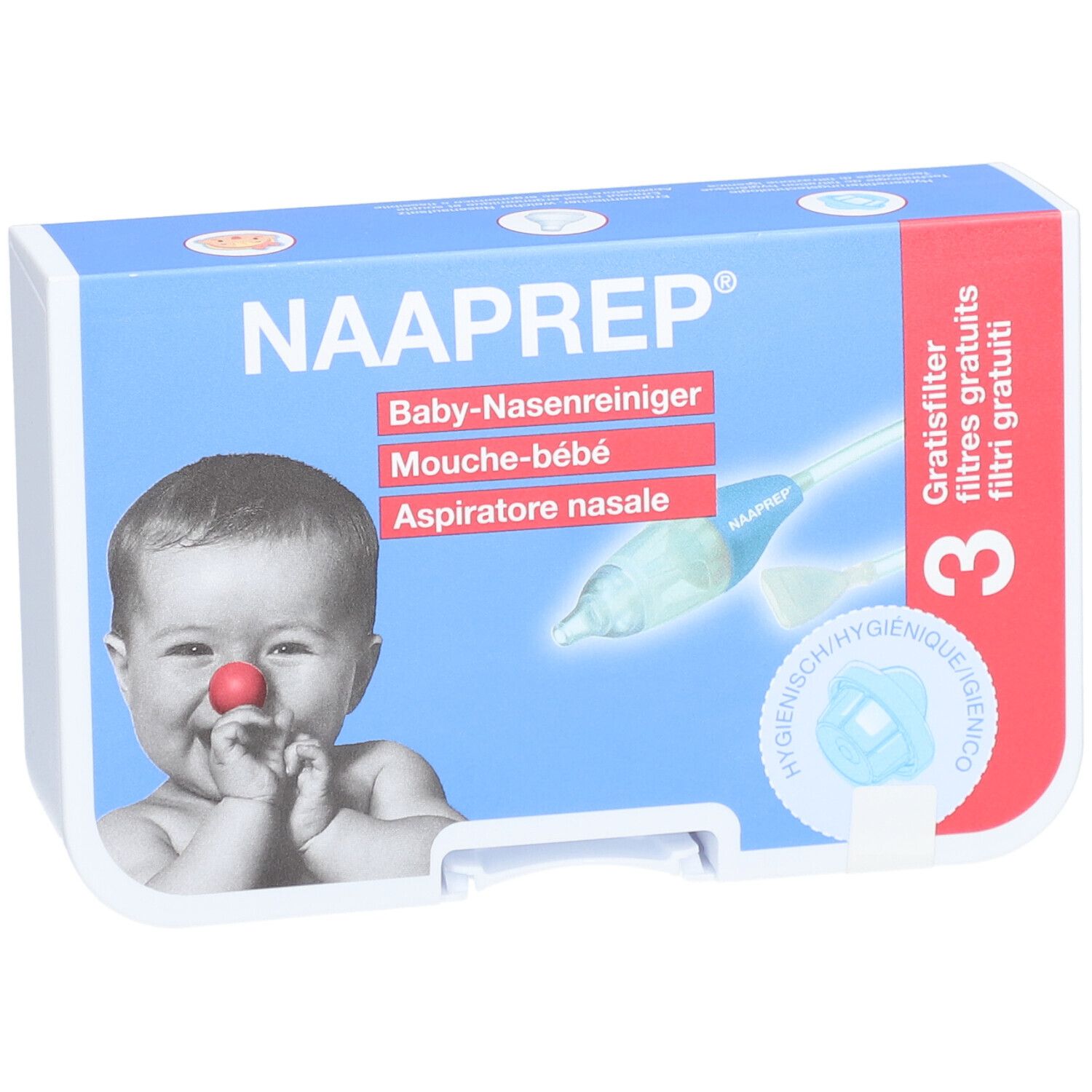Verpackung des Baby-Nasenreinigers NAAPREP. Abbildung eines Babys mit roter Nase. Enthält 3 Filter.