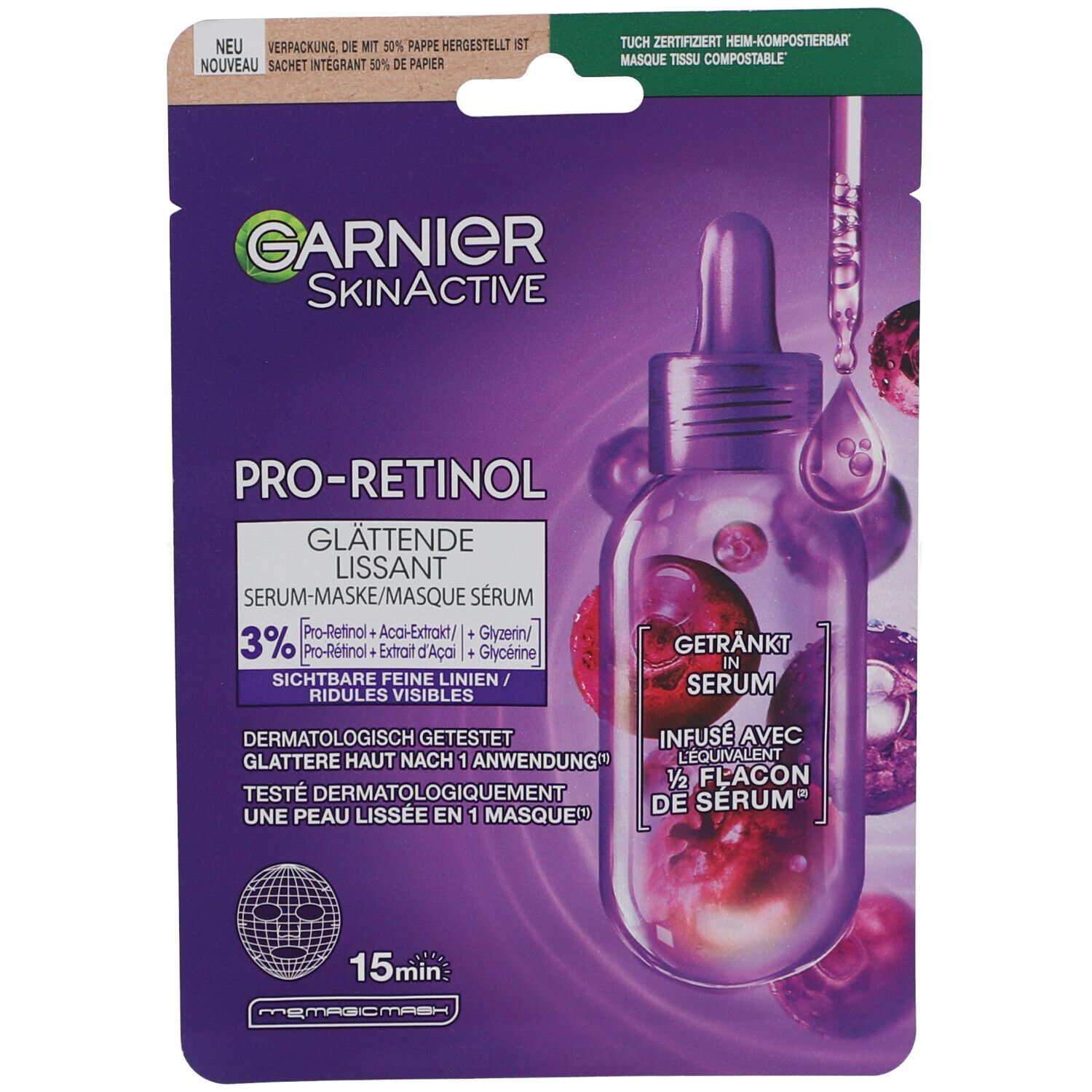Garnier SkinActive Pro-Retinol Serum-Maske. Lila Verpackung mit Produktabbildung und Text. 15 Minuten Anwendung.