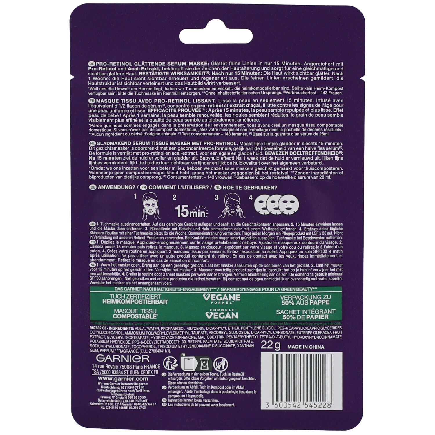 Rückseite der Garnier Pro-Retinol Serum-Maske. Textinformationen, Anwendungsanleitung und Inhaltsstoffe. 22g.