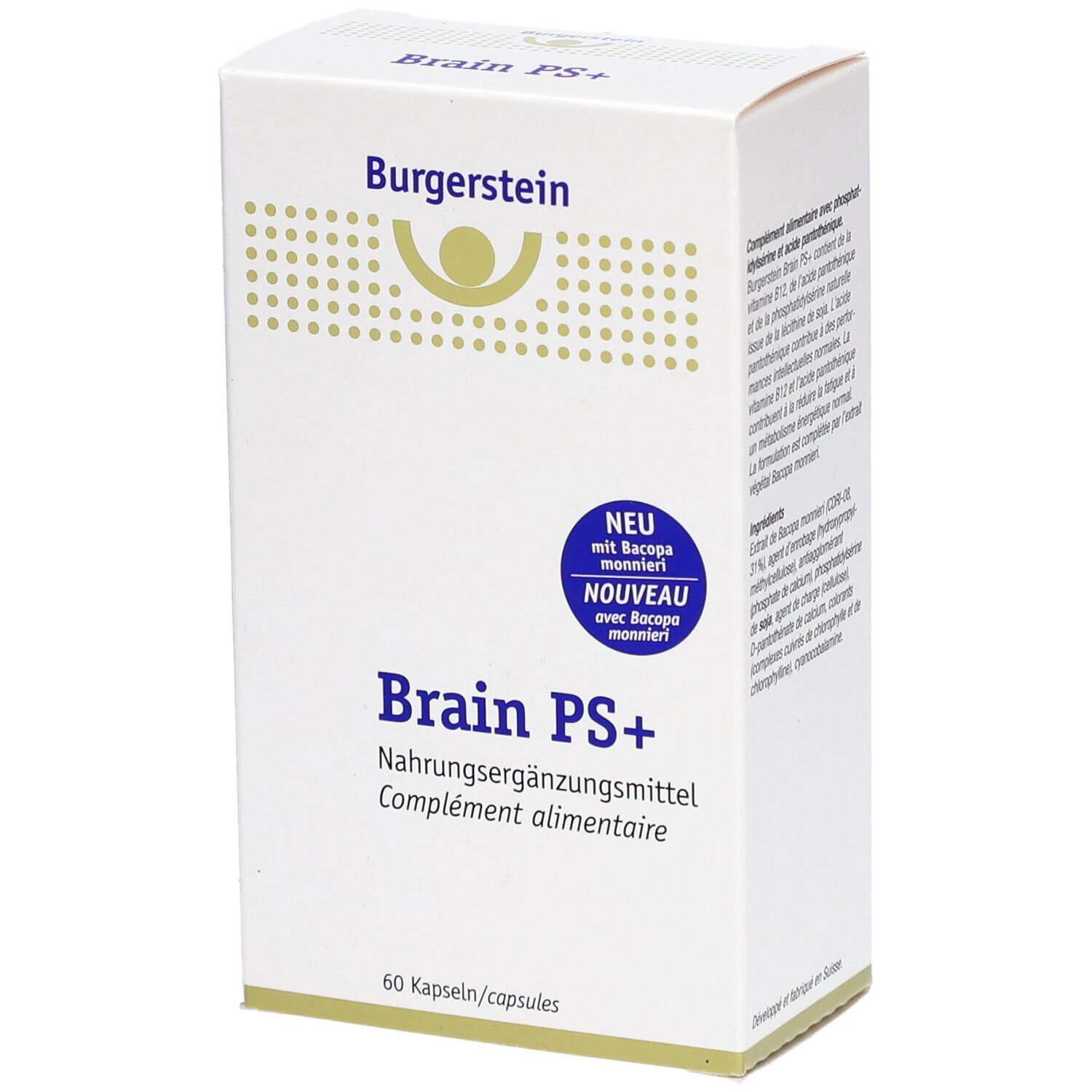 Weiße Schachtel mit "Burgerstein Brain PS+". Enthält 60 Kapseln. Aufschrift "NEU".