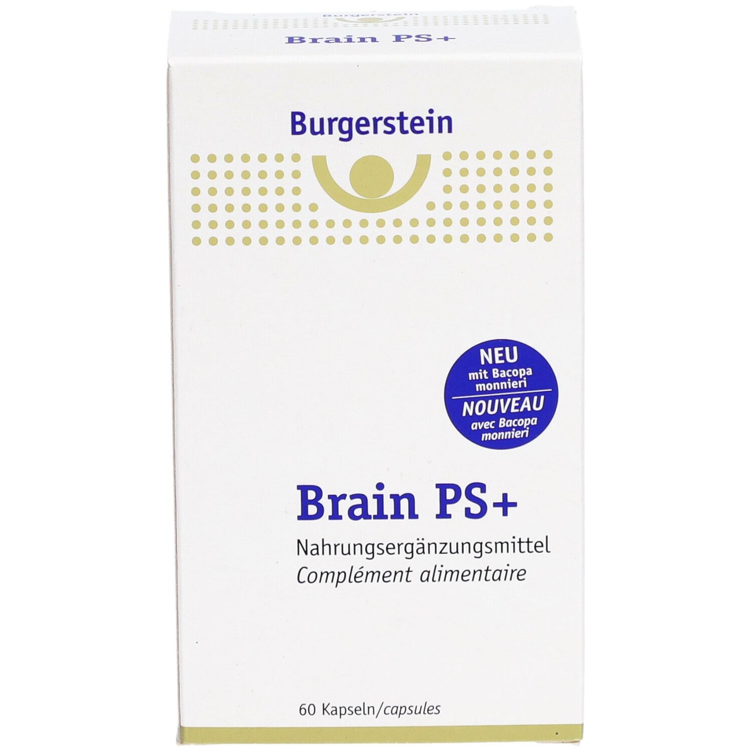 Weiße Schachtel "Burgerstein Brain PS+". Aufschrift "NEU". Enthält 60 Kapseln.
