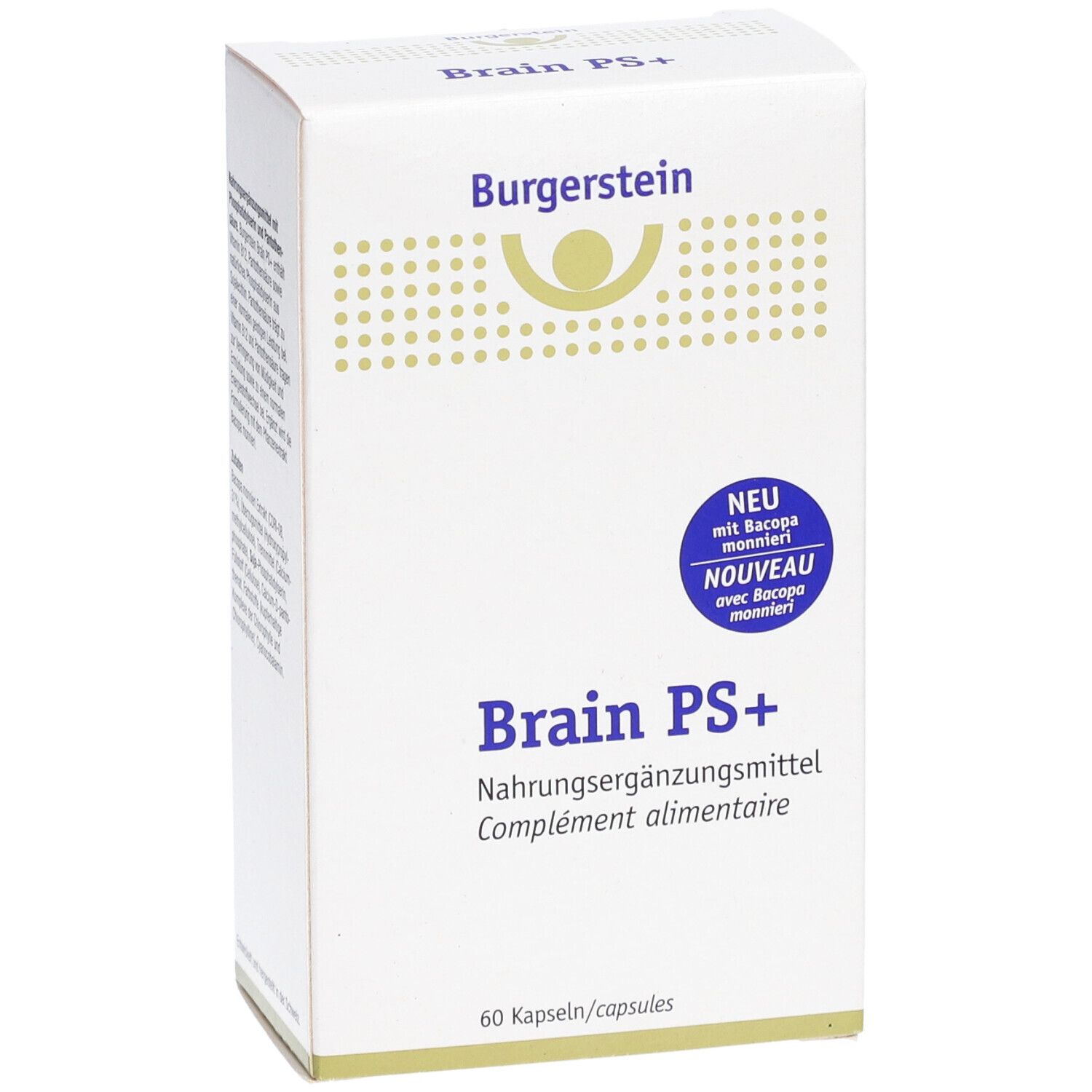 Weiße Schachtel "Burgerstein Brain PS+". Enthält 60 Kapseln. Aufschrift "NEU".