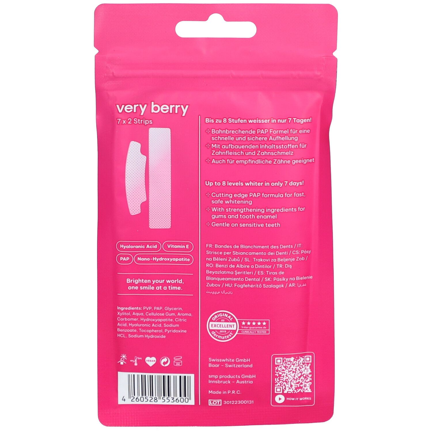Rückseite der rosa Verpackung. Enthält Informationen zu den Inhaltsstoffen und Anwendung.