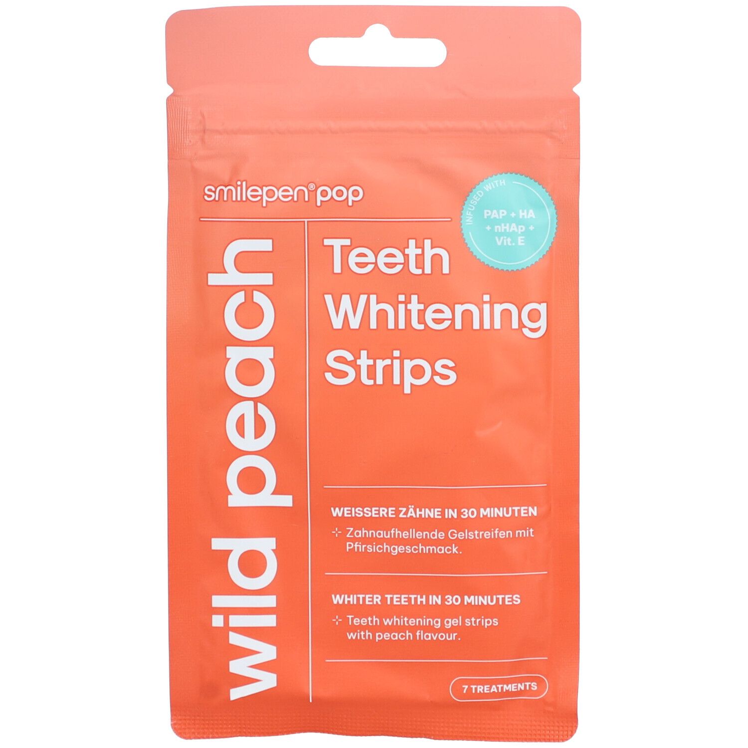 Paquet de bandes blanchissantes "SMILEPEN® Pop". Texte: "Wild Peach", "7 Treatments".