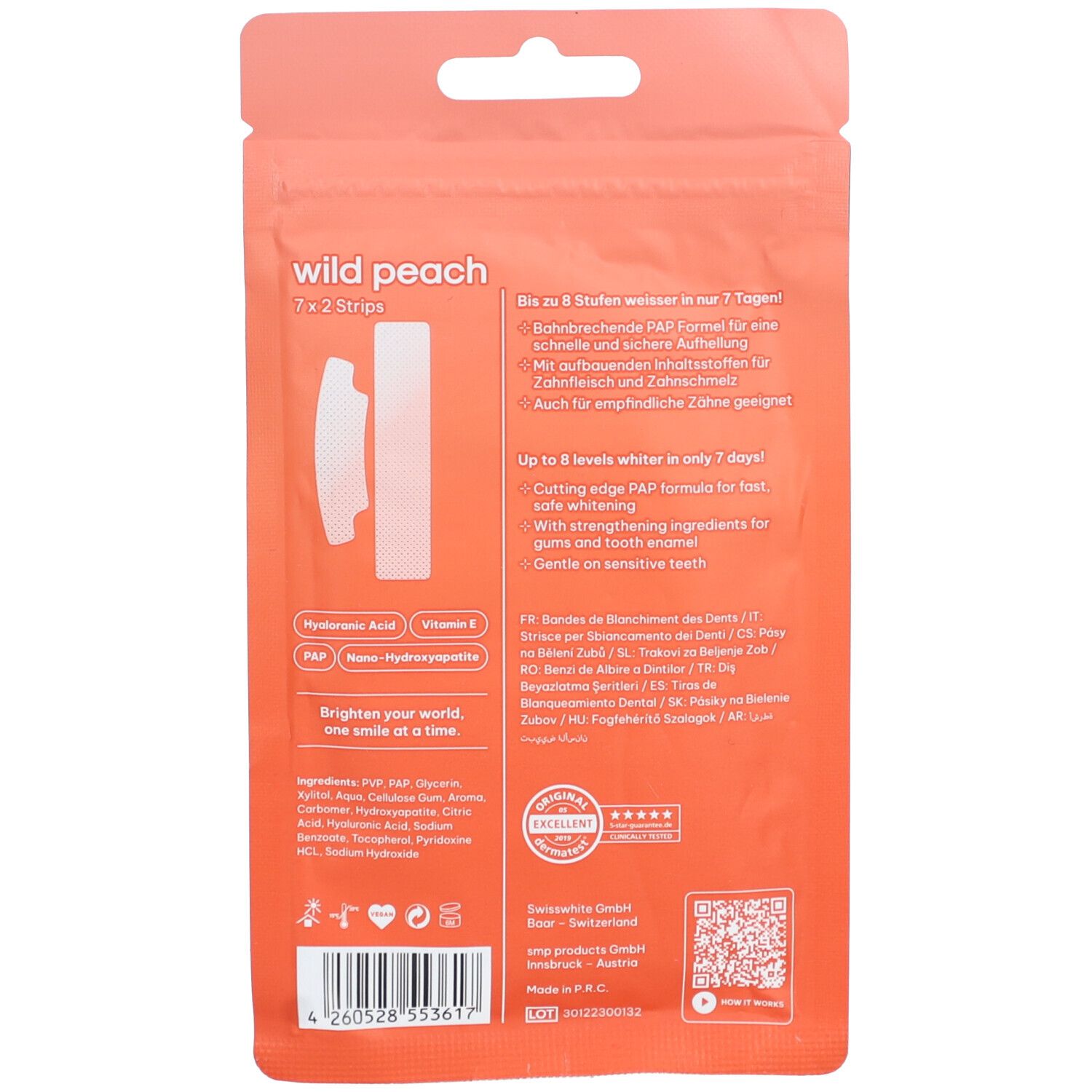 Dos du paquet "SMILEPEN® Pop". Montre des bandes et du texte. Texte: "Wild Peach", "1 x 2 Strips".