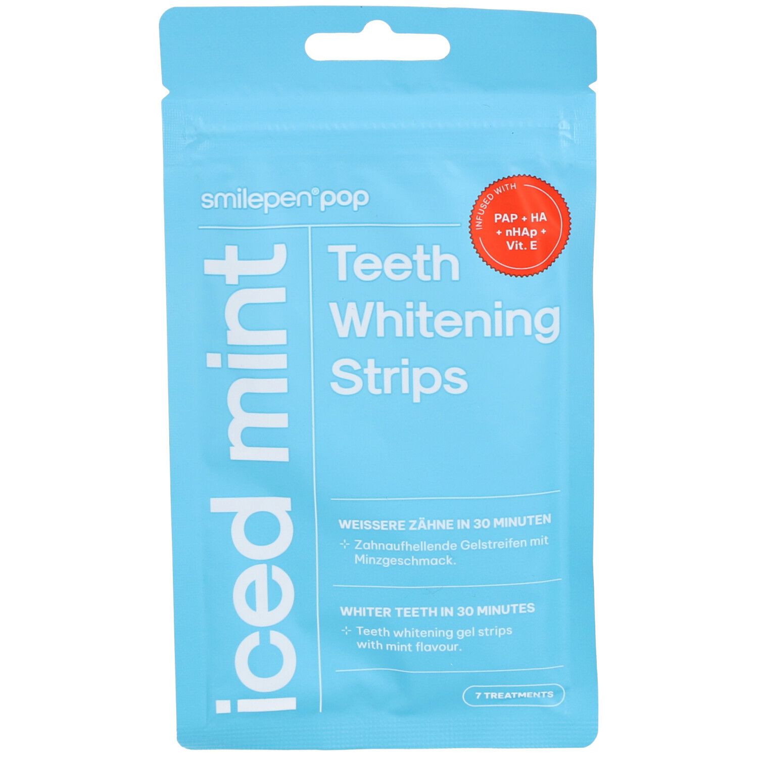 Hellblaue Verpackung mit Produktnamen und "Teeth Whitening Strips". Enthält "Iced Mint" und ein rotes Siegel.