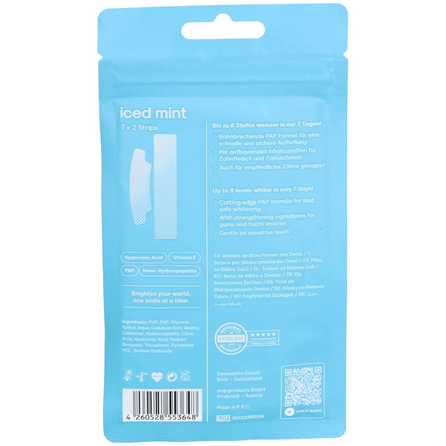 Rückseite der Verpackung mit Produktinformationen. Enthält Streifen und Text in mehreren Sprachen. QR-Code und Barcode.