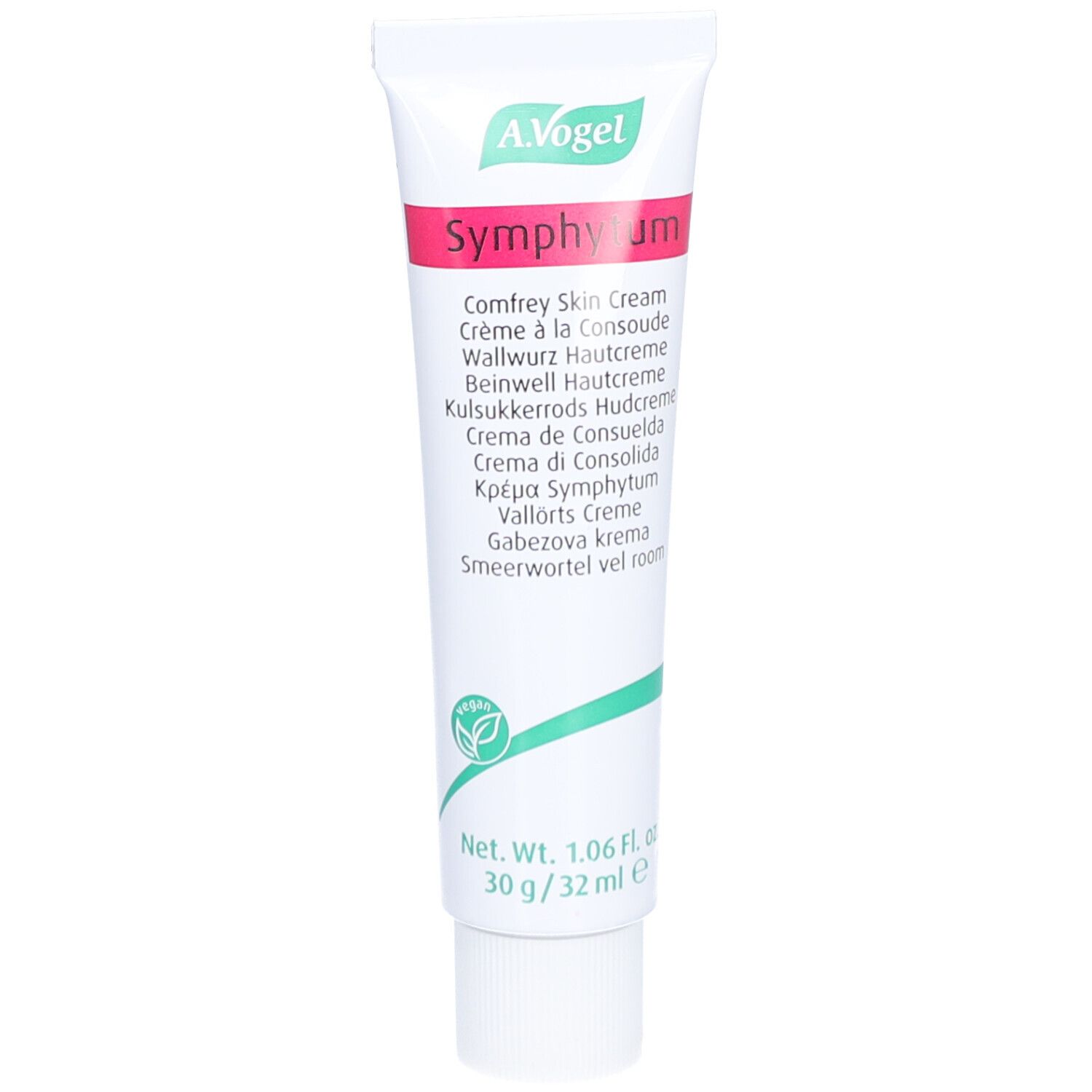 Tube de crème avec nom du produit et de la marque. Couleurs vert et blanc. Inscription : Symphytum, A. Vogel.