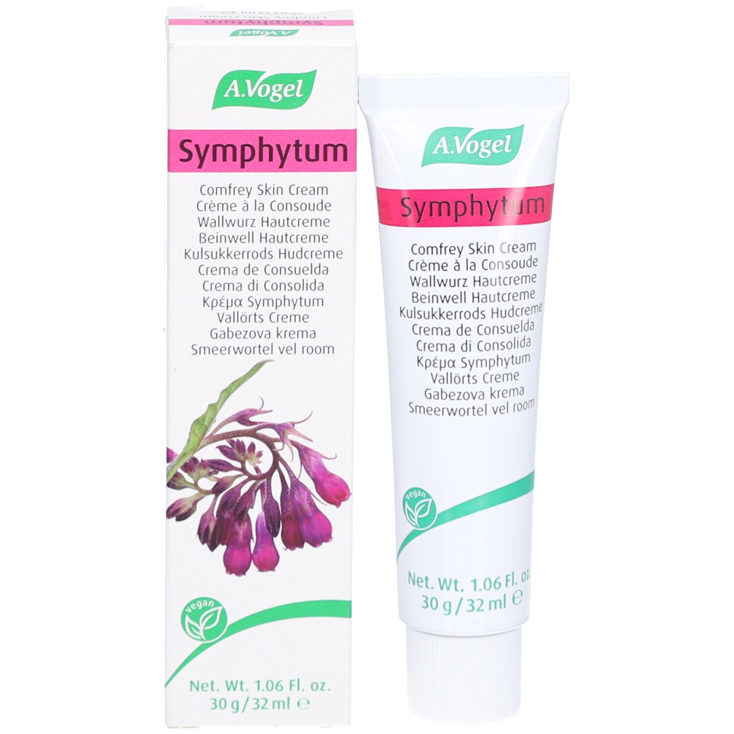 Emballage du produit avec tube de crème et boîte. Les deux affichent le nom du produit et de la marque. Vert et blanc.
