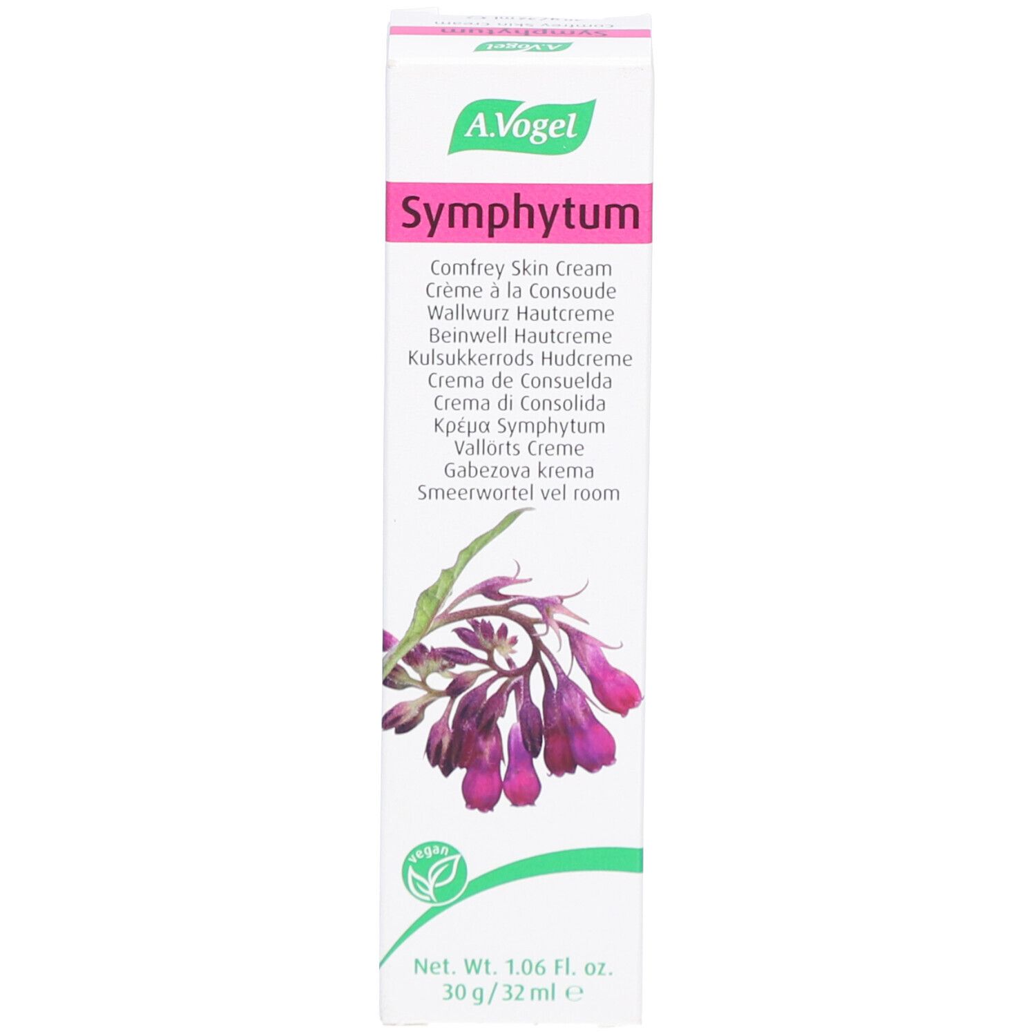 Emballage en carton avec nom du produit et de la marque. Couleurs vert et blanc. Illustration d'une fleur.