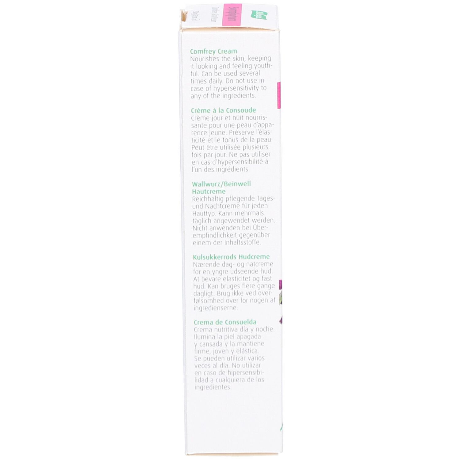 Emballage en carton avec texte en plusieurs langues. Contient des informations sur l'utilisation et les ingrédients.