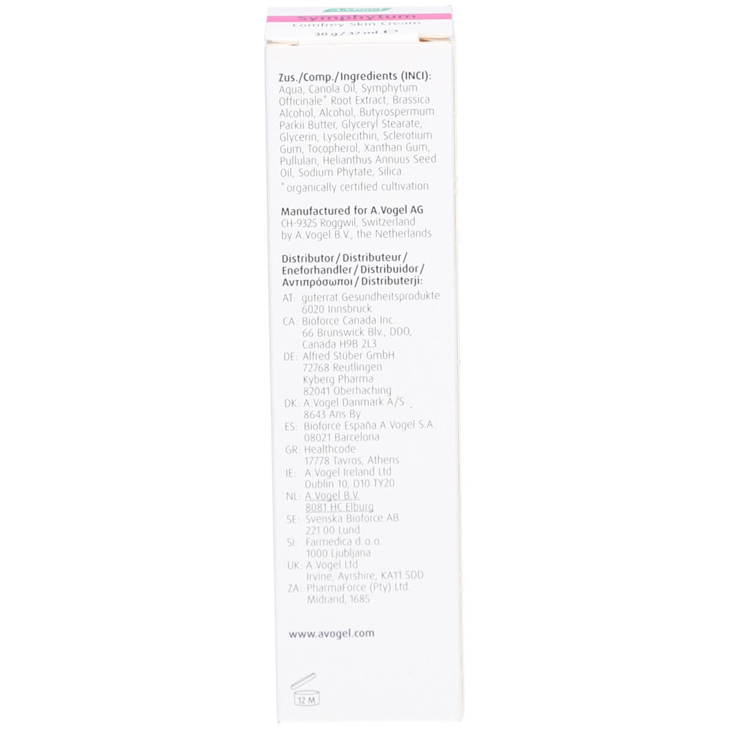 Dos de l'emballage en carton avec ingrédients et informations du fabricant. Texte en plusieurs langues.