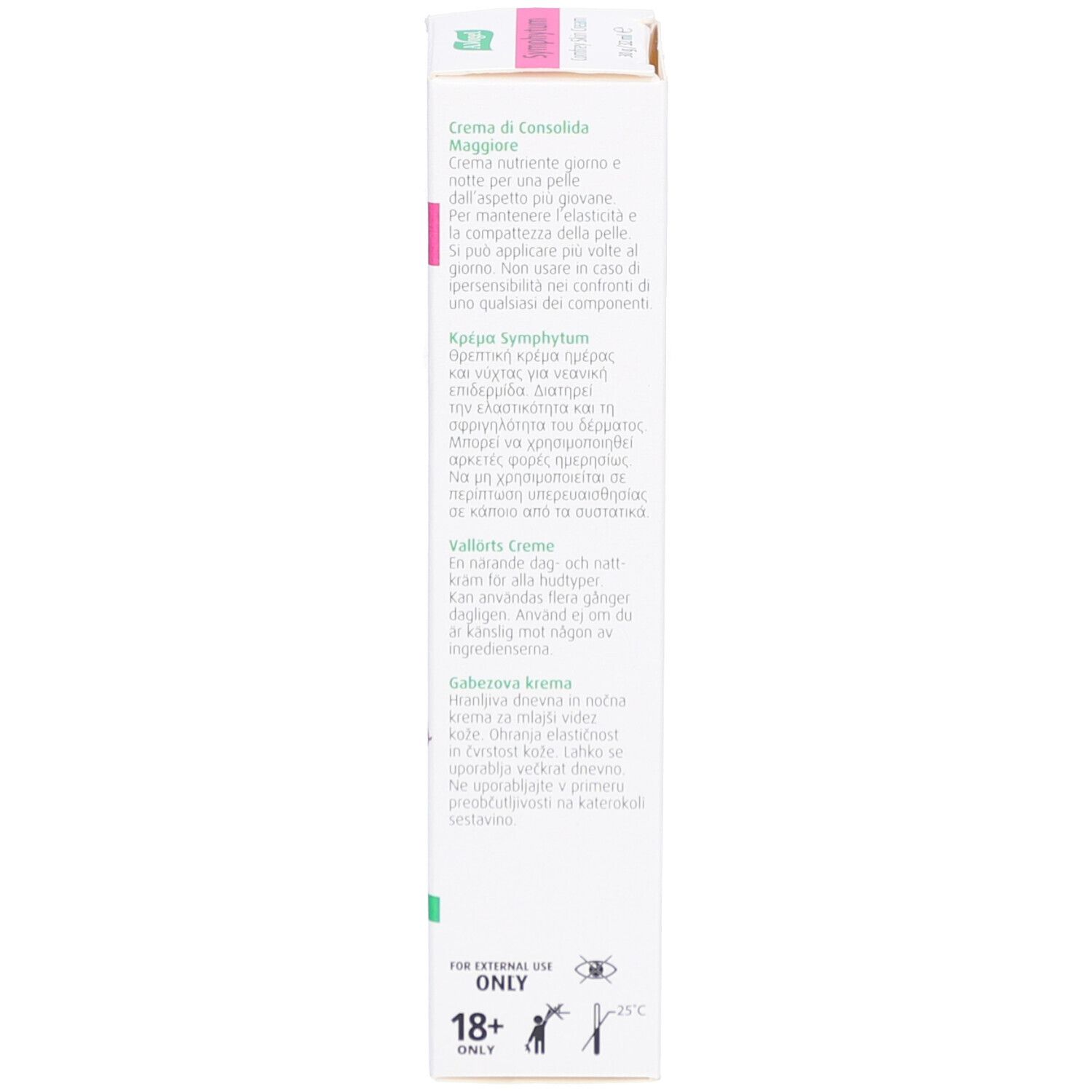 Côté de l'emballage en carton avec texte en plusieurs langues. Contient des informations sur l'utilisation et les ingrédients.